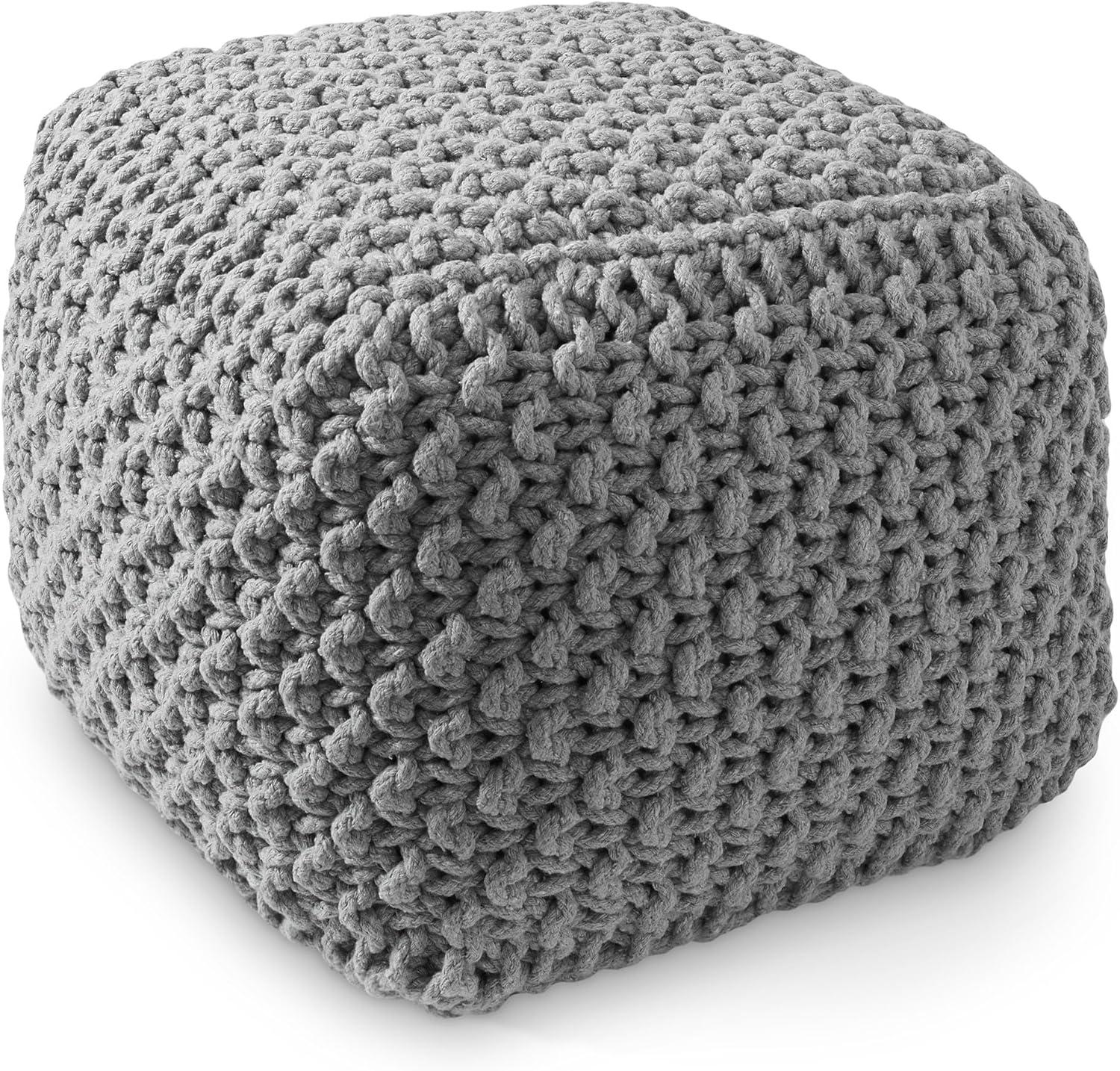 Casafield Square Pouf Ottoman, Light Gray - 18.5" W x 18.5" D x 14.5" H Cotton Knit Foot Stool - Boho Floor Pouffe for Living Room