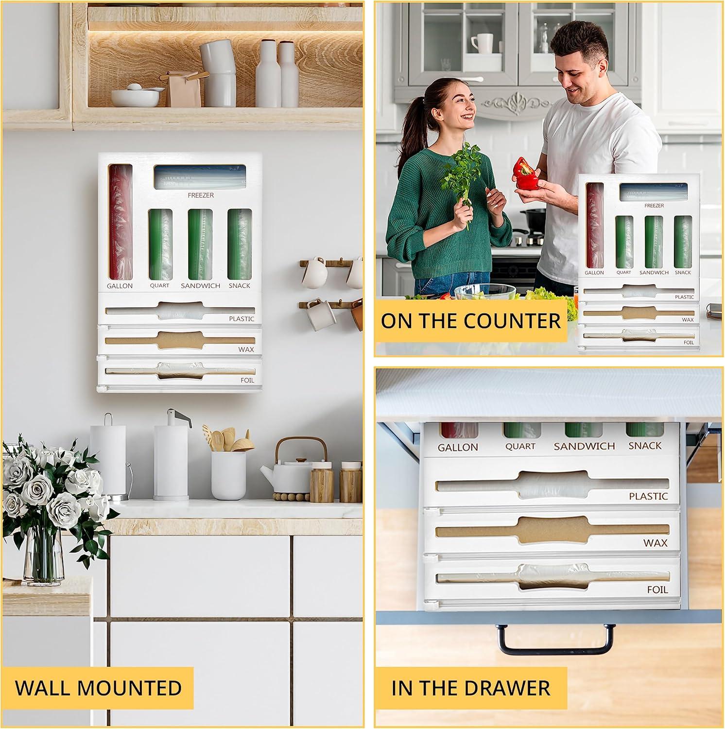 Chef's Haven 9 IN 1 Storage Bag Organizer, Foil and Plastic Wrap Organizer with Cutters, Bamboo Kitchen Baggie for Drawer, Pantry & Countertop, Storage for Gallon, Quart, Sandwich, Snack Bag