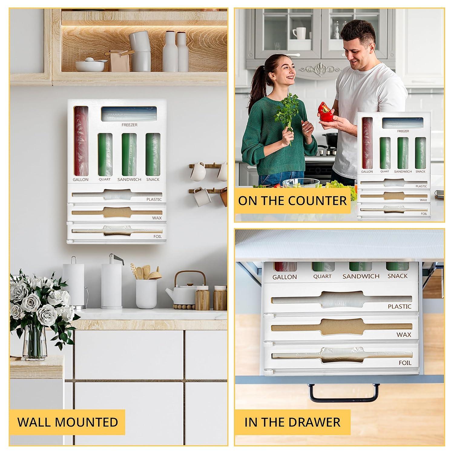 Chef's Haven 9 IN 1 Storage Bag Organizer, Foil and Plastic Wrap Organizer with Cutters, Bamboo Kitchen Baggie for Drawer, Pantry & Countertop, Storage for Gallon, Quart, Sandwich, Snack Bag