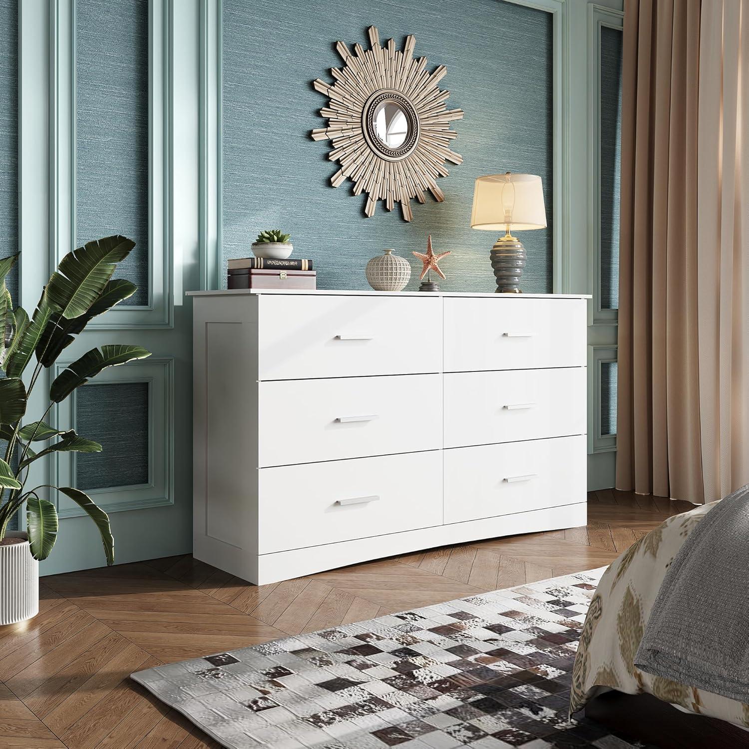 White Modern Wood 6-Drawer Wide Dresser