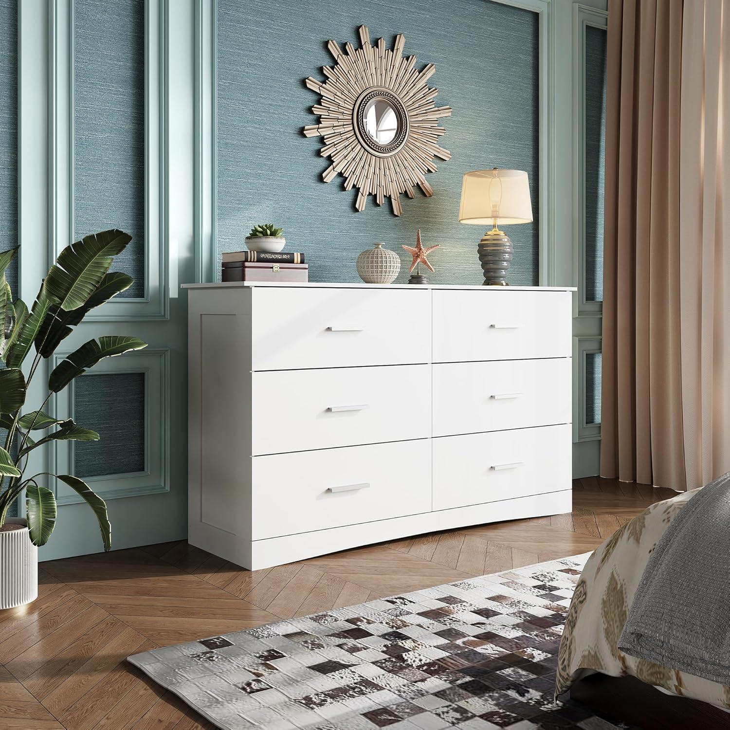 Homfa Dresser 6 Drawer, 47'' W Chest of Drawer with Deep Drawers, 6 drawer dressers for Bedroom, Living Room, White