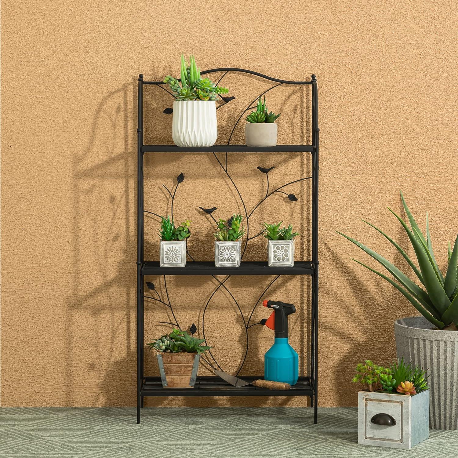 Black Metal 3-Tier Rectangular Plant Stand with Vines and Birds