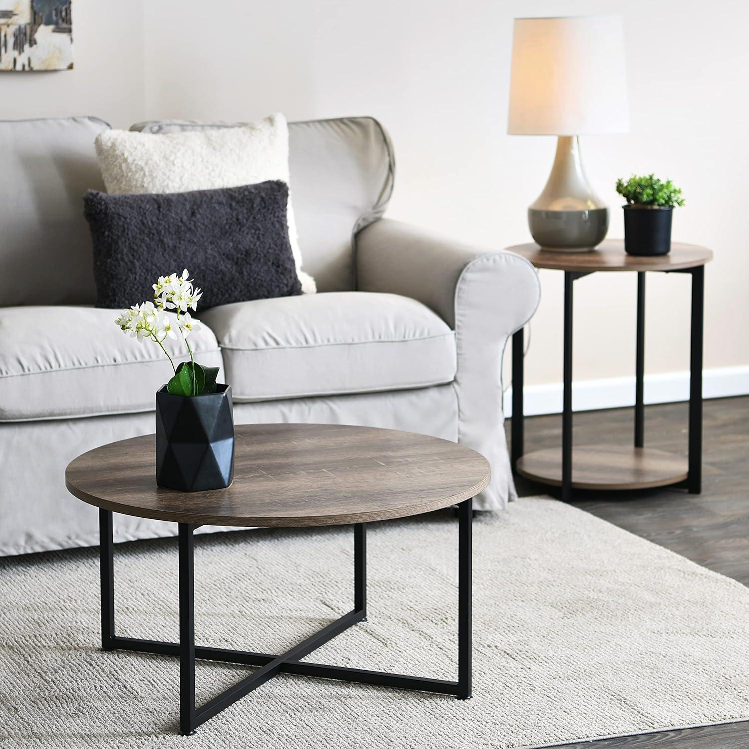 Jamestown Round Taupe Wood Coffee Table with Black Metal Frame