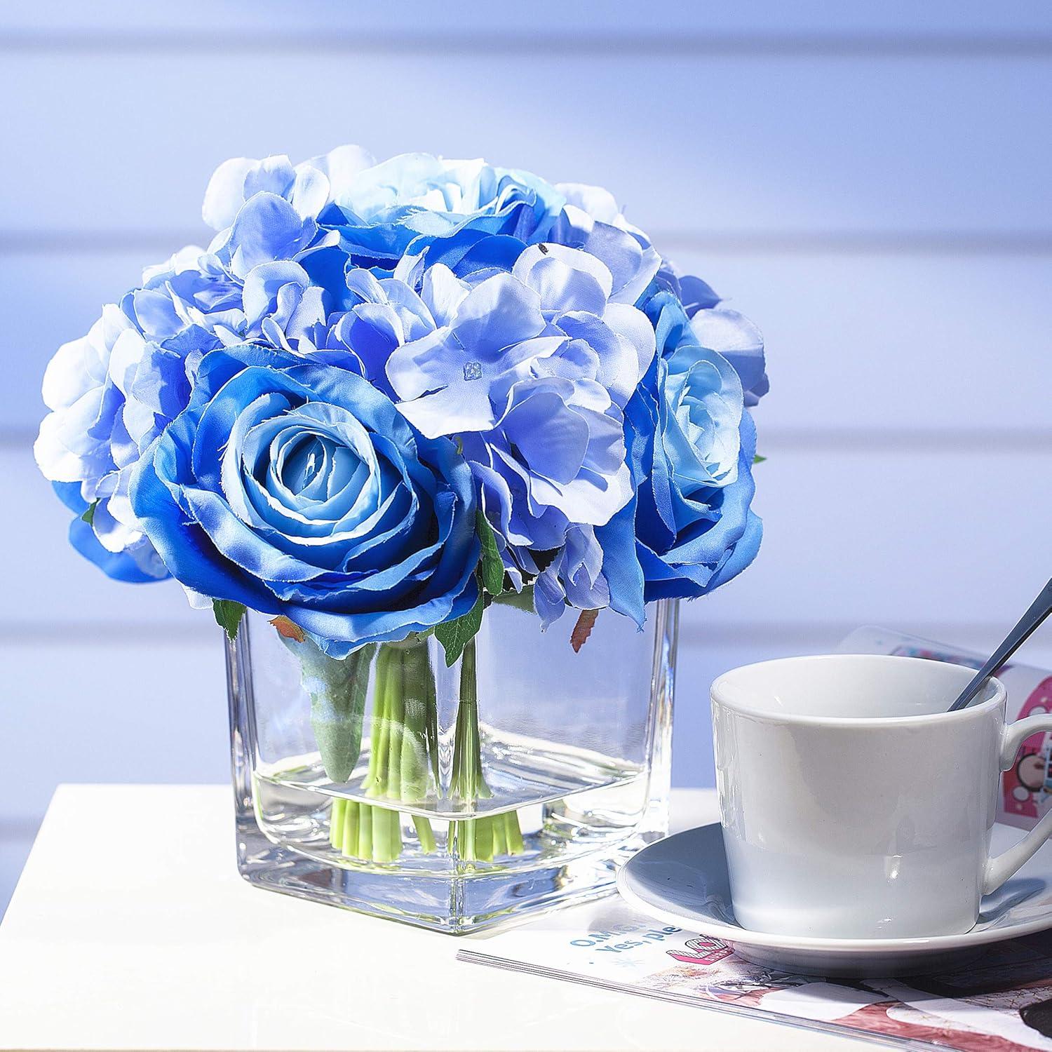 Enova Home Mixed Artificial Silk Hydrangea and Roses Faux Flowers Arrangement in Ceramic Pot for Home Office Wedding Decoration (Blue)