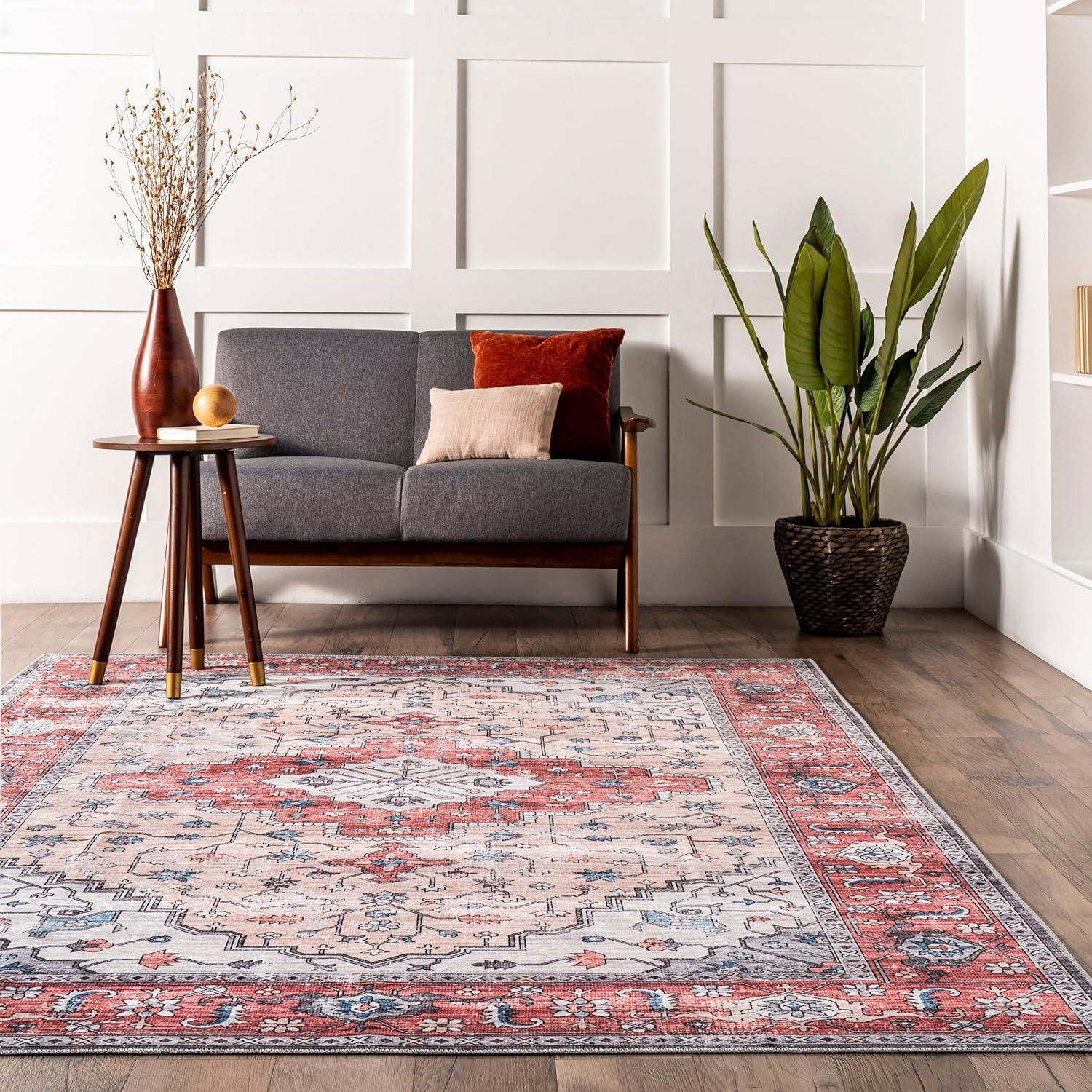 Rustic Red 5' x 8' Transitional Medallion Washable Rug