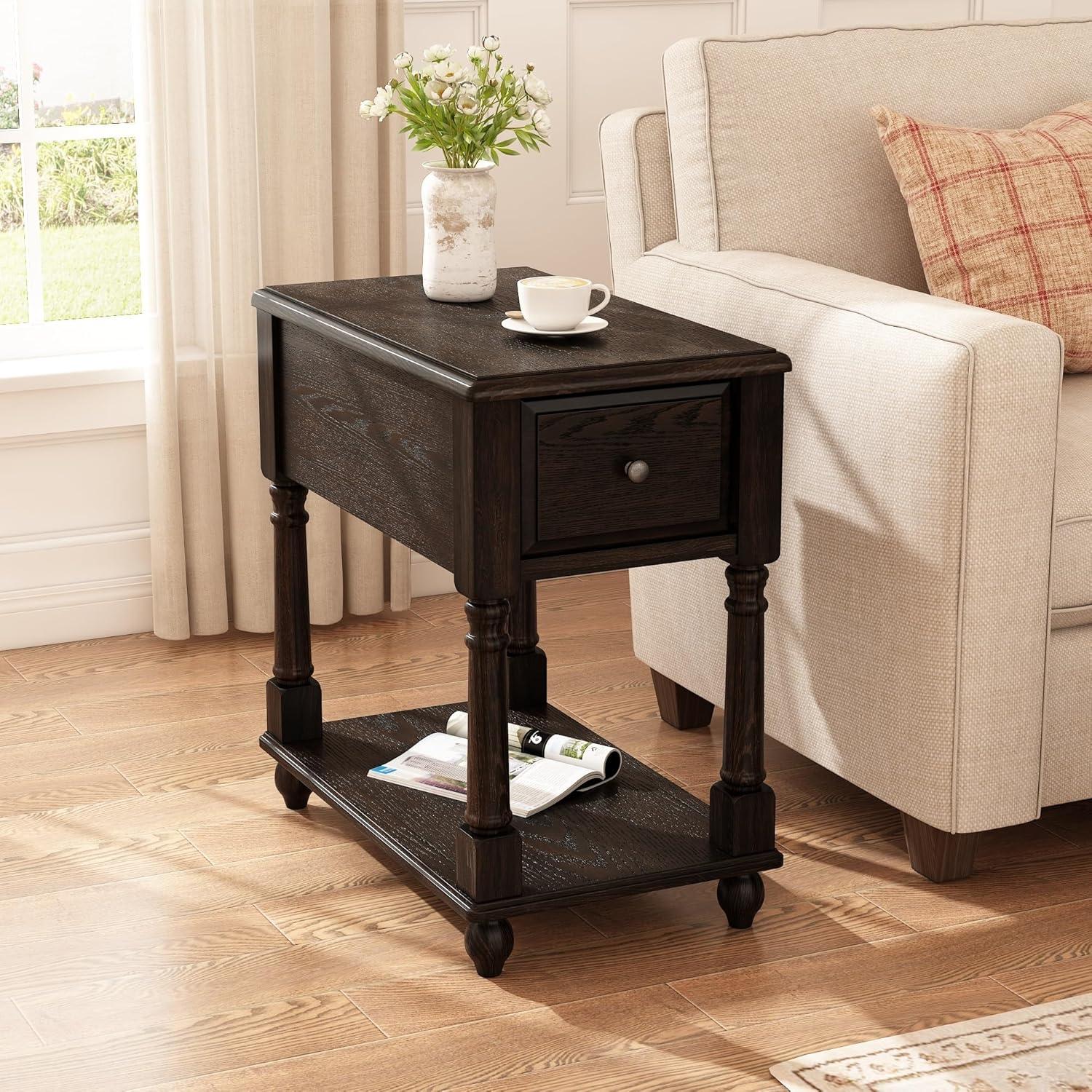 JESONVID Solid Wood Rectangular End Table with Storage, Antique Black