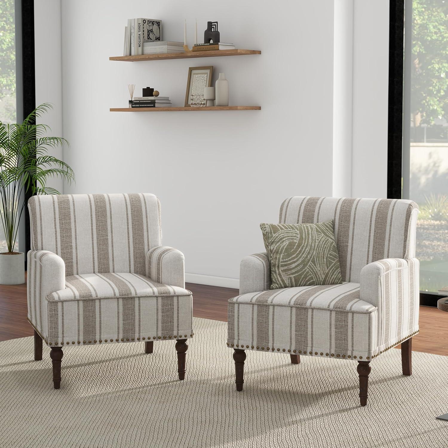 Brown Striped Linen Accent Chair with Wooden Legs