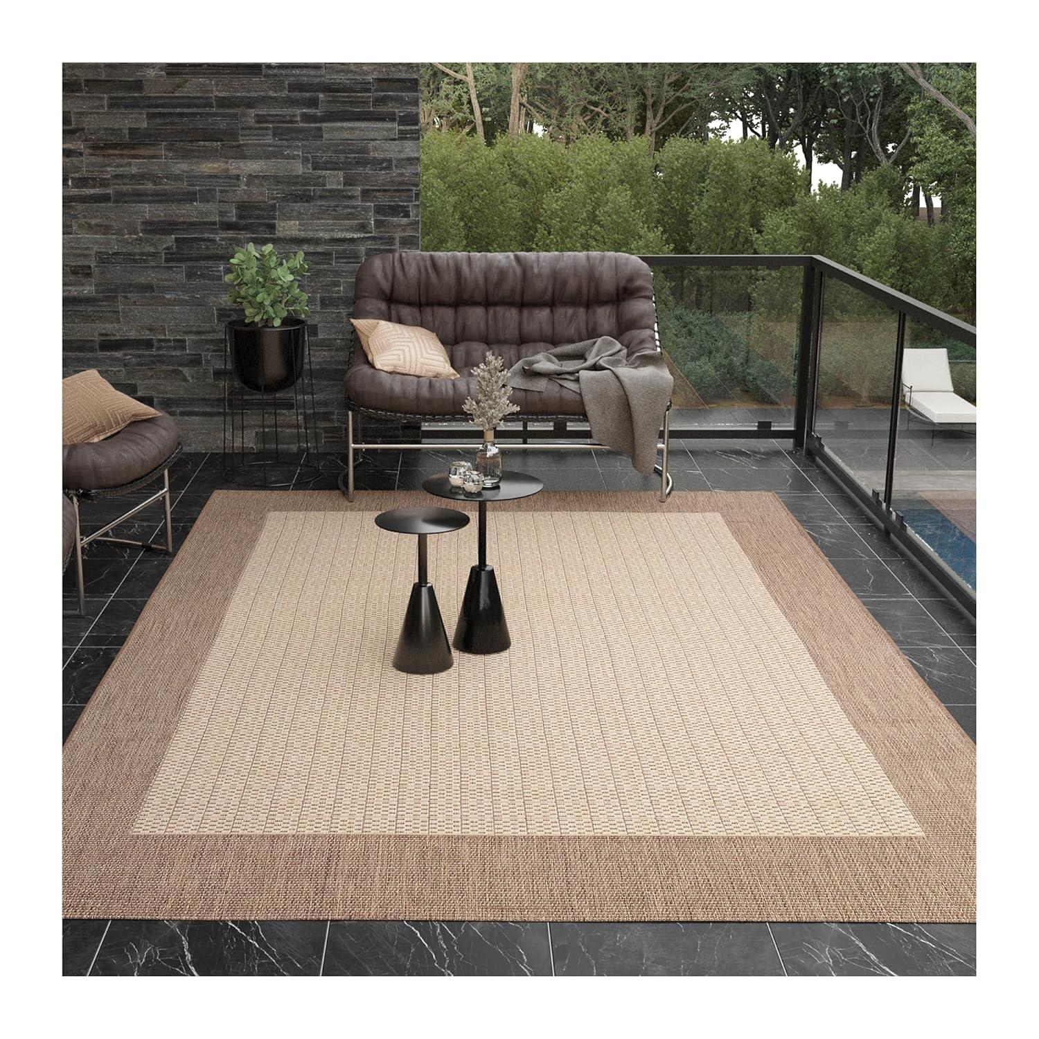 Couristan Recife Checkered Field Indoor / Outdoor Area Rug, Natural- Cocoa, 7'6" Round