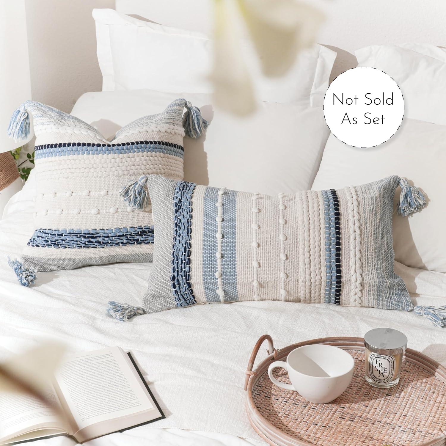 Decorative Lumbar Throw Pillow Cover 14x24 Boho Coastal Blue Accent Cushion for Couch Sofa Farmhouse Pillowcase for Bedroom Living Room Home Décor Cover ONLY