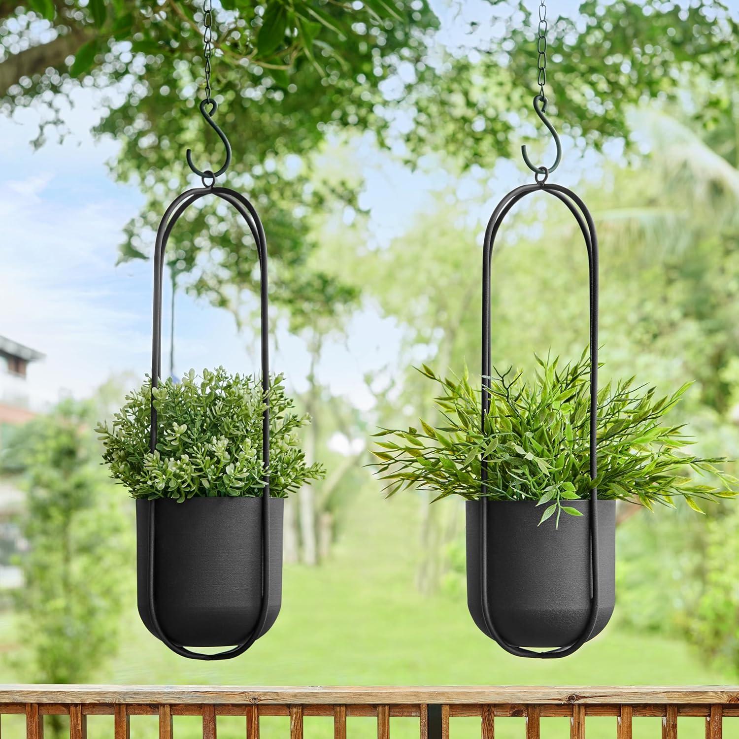 Danya B. Walter 2-Piece Modern Black Metal Oval Hanging Planter Set with Chain Hanging Option