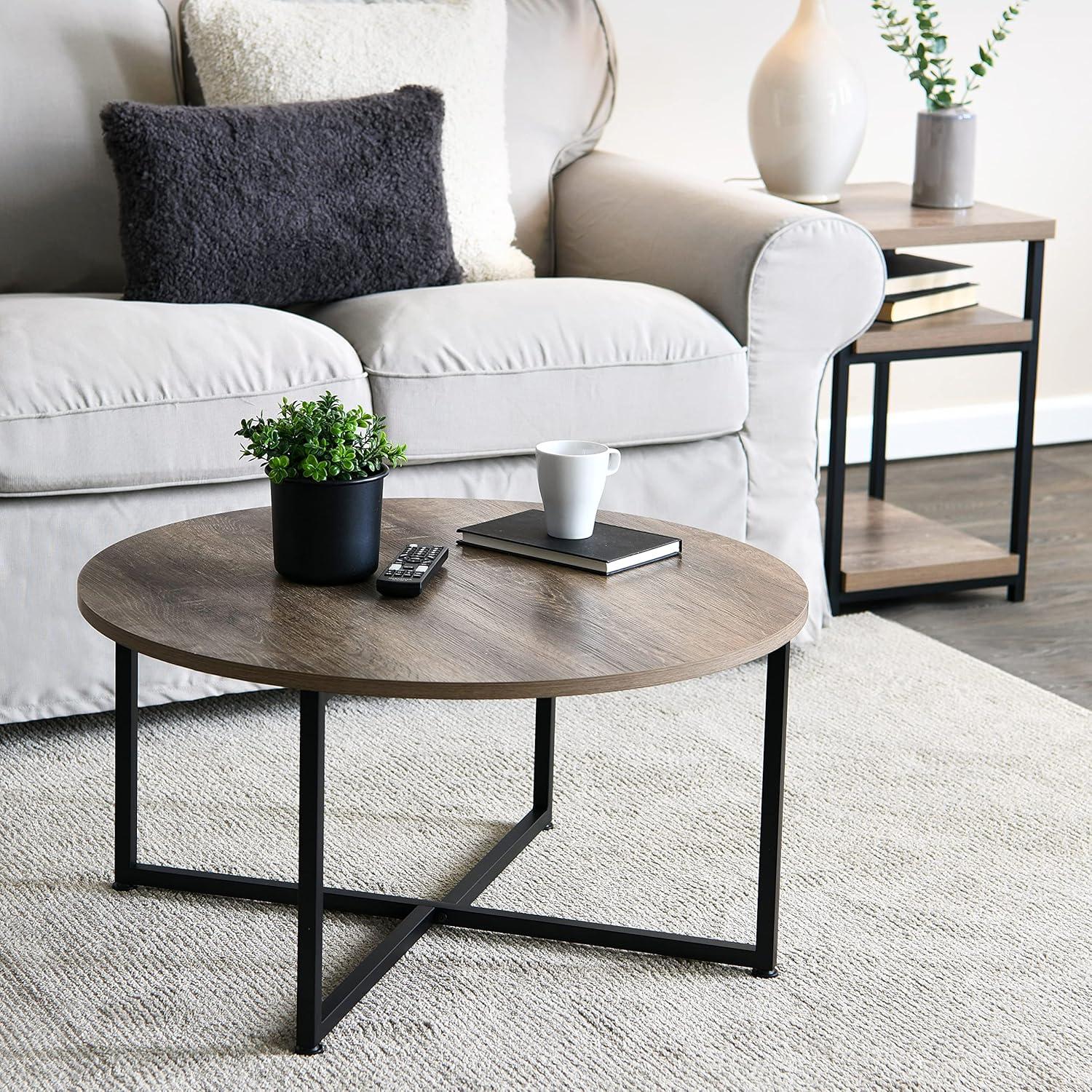 Jamestown Round Taupe Wood Coffee Table with Black Metal Frame