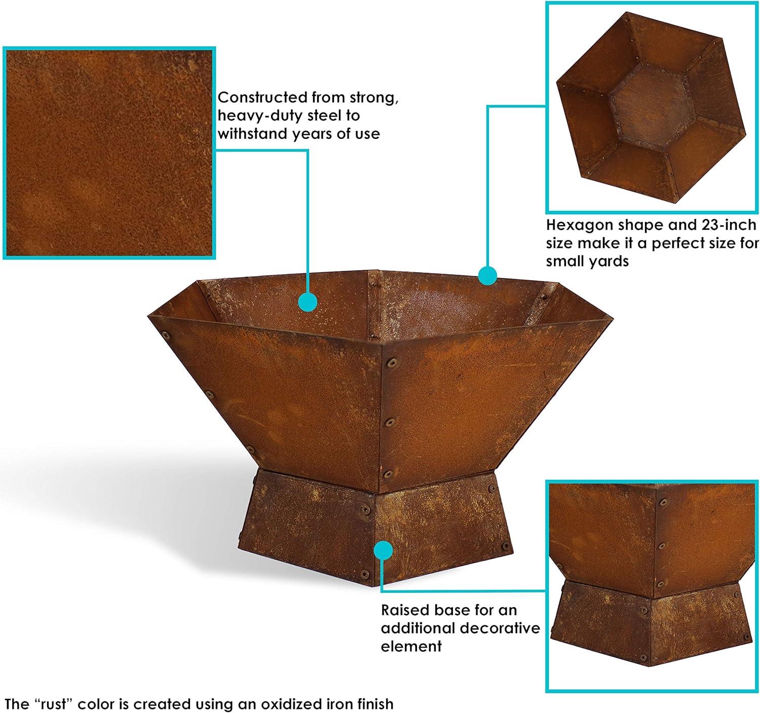 Sunnydaze Outdoor Camping or Backyard Hexagon Rustic Affinity Fire Pit Bowl on Pedestal Stand - 23" - Oxidized Rust