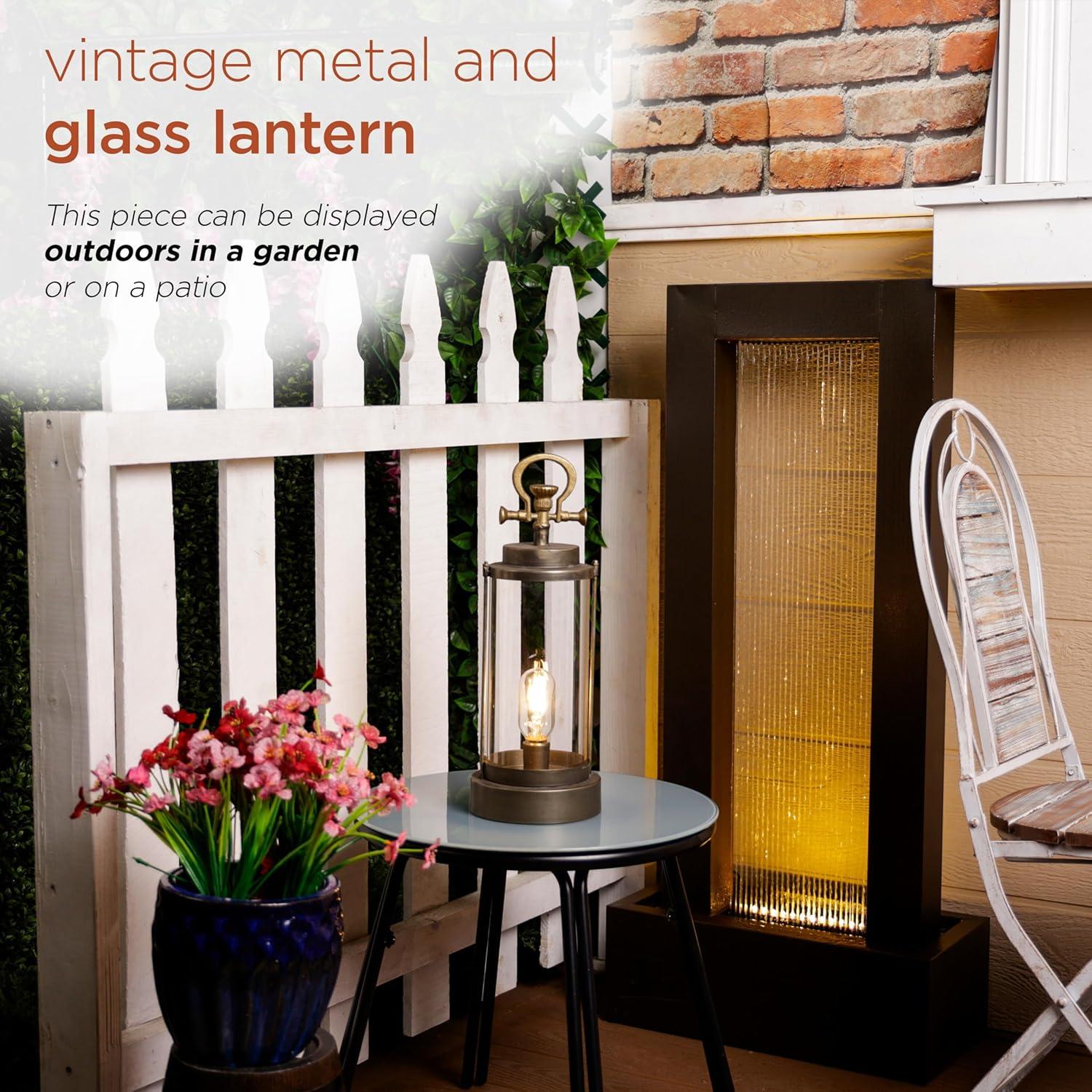 Vintage Metal & Glass Lantern with Warm LED Lights