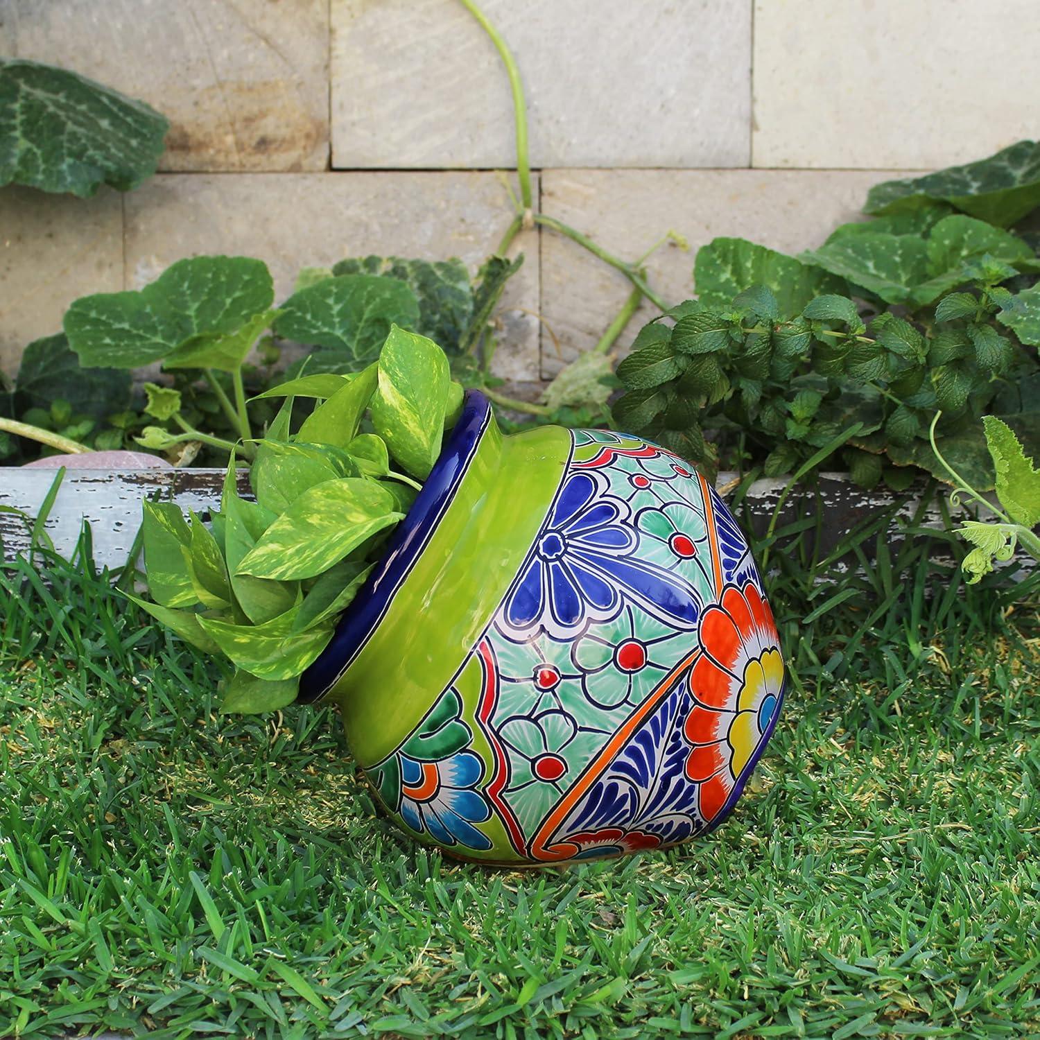 Green Tilted Talavera Ceramic Floral Planter, 10 Inch