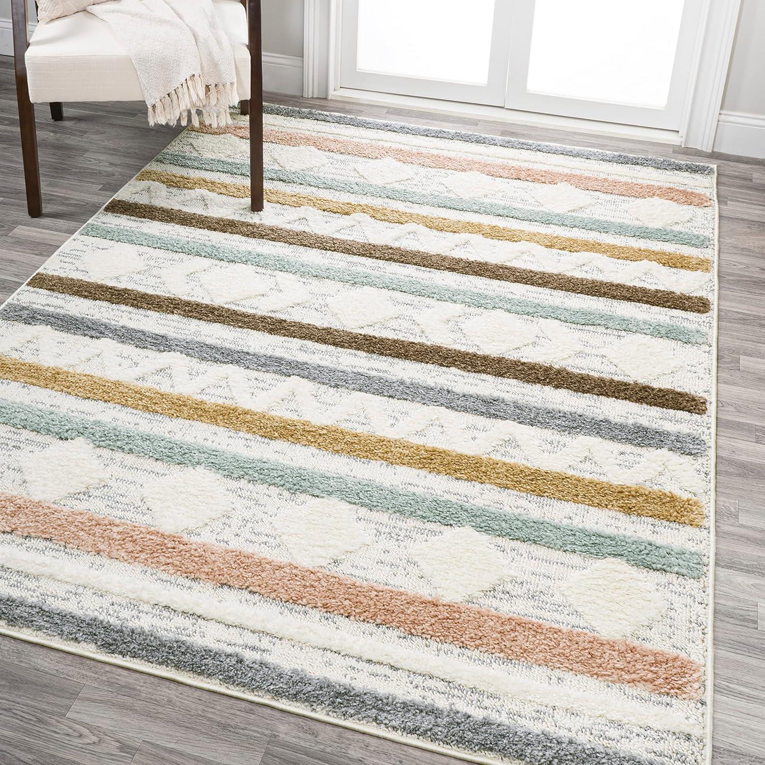 Faiza Moroccan Striped Geometric High-Low Area Rug - JONATHAN Y