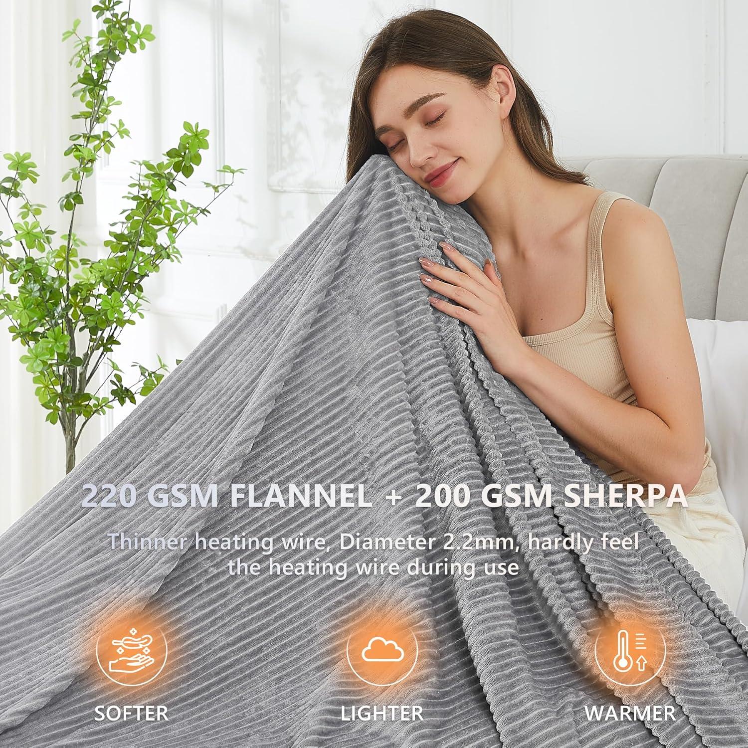 Homemate Heated Blanket Electric Throw - 50"x60" Heating Blanket Throw 1/2/4/6/8 Hours Auto-Off 10 Heat Levels Over-Heat Protection Soft Flannel Sherpa Heater ETL Certification