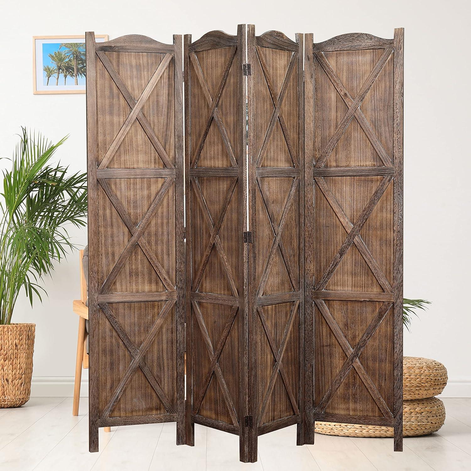 Rancho Barn 4 Panel Room Divider with Folding Screen Room Partition Paulownia Wood Brown - Proman Products: Vintage Farmhouse Style