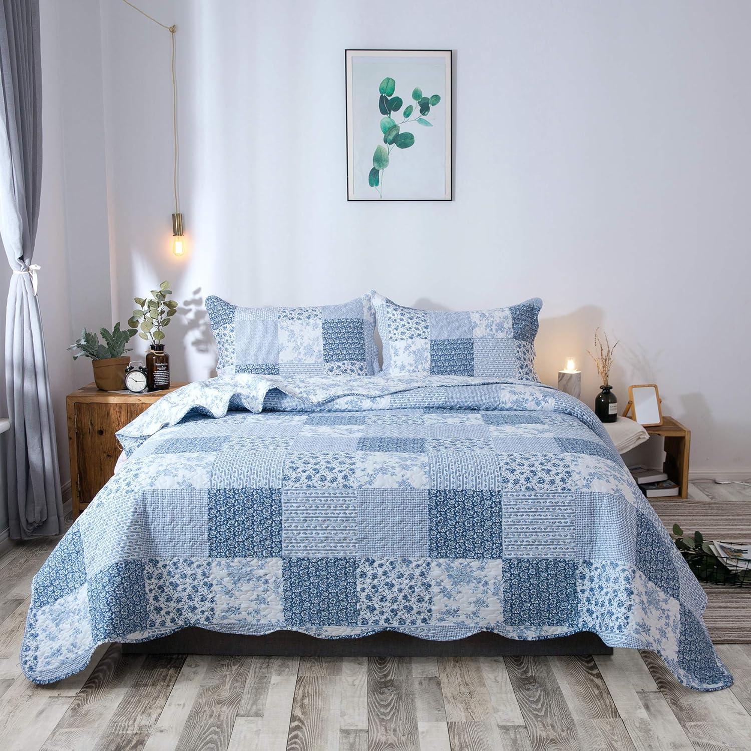 King Blue Microfiber Patchwork Quilt Set