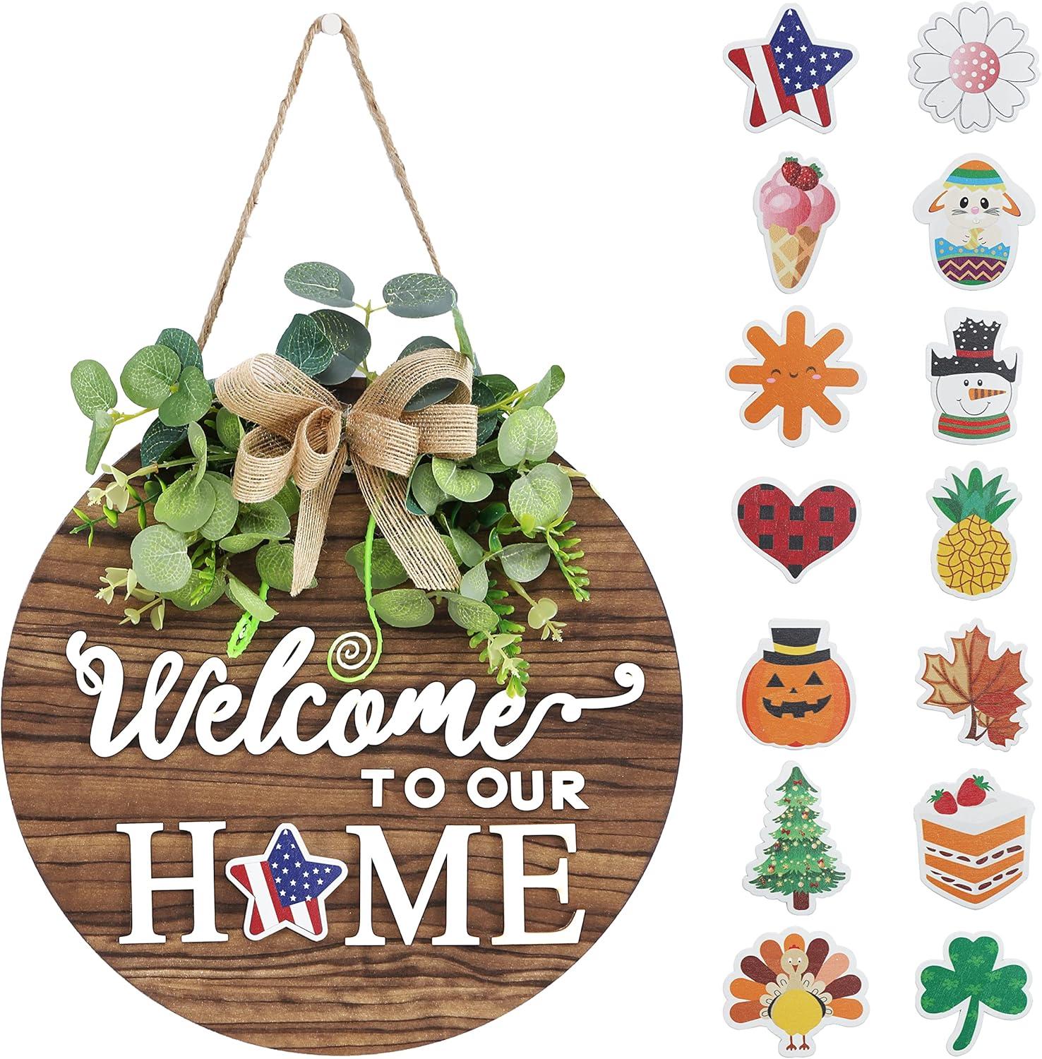 RoseCraft Interchangeable Wooden Seasonal White Welcome Sign, Rustic Welcome Front Door Wreaths for Home Wall Porch Decor, for Easter Spring Summer Fall Halloween Christmas All Season Decorations.