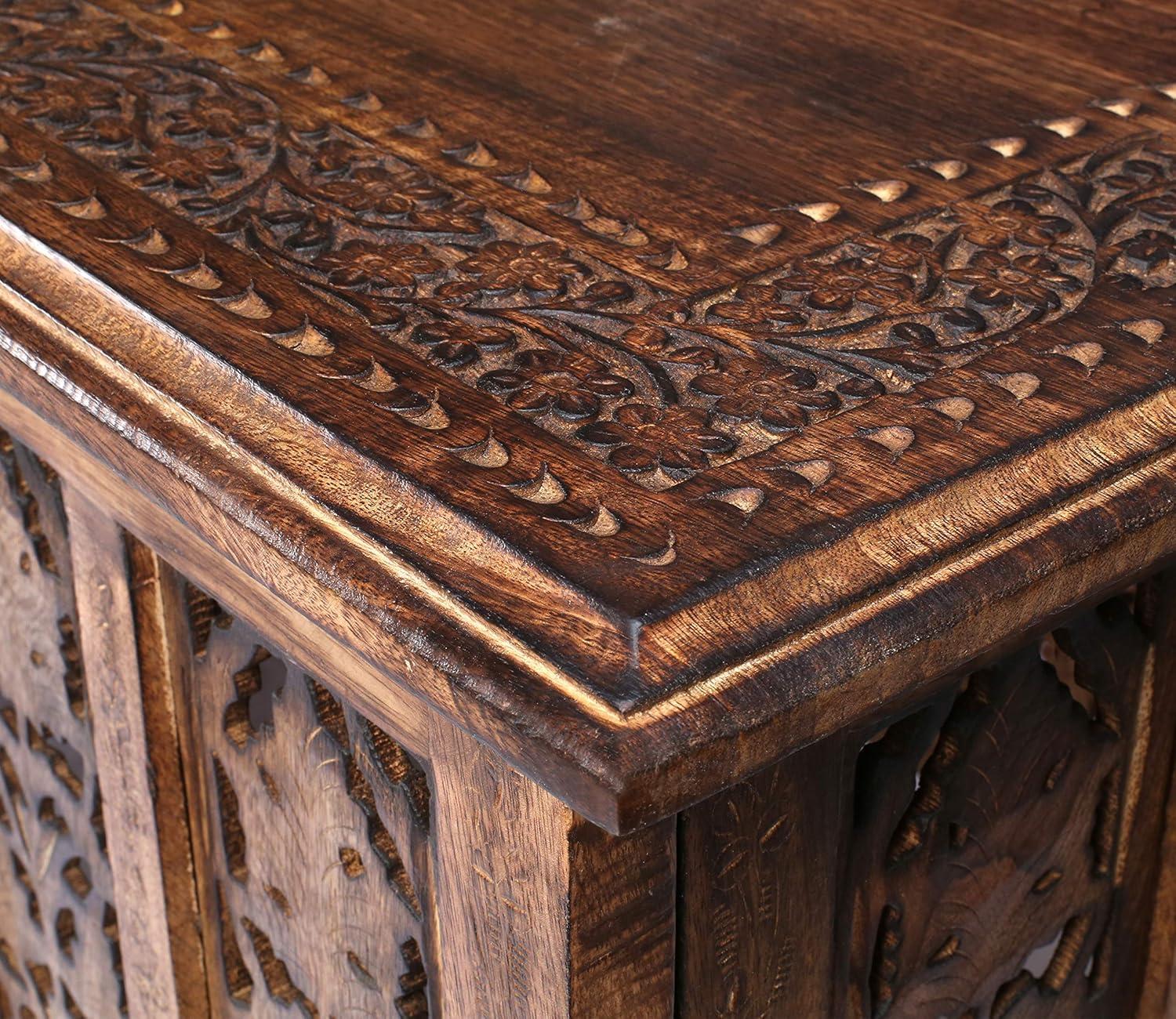 Burnt Mango Wood Rectangular Coffee Table with Carved Panels