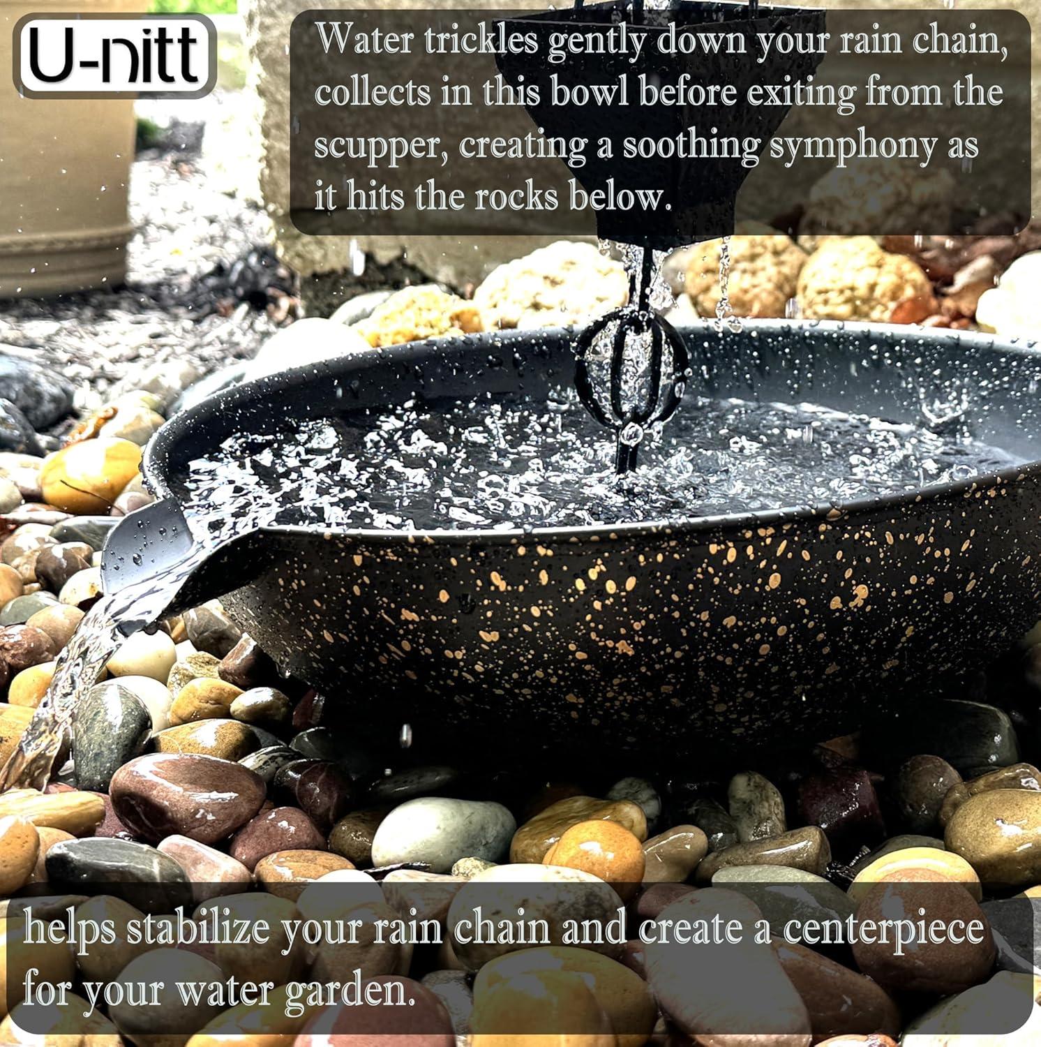 U-nitt 12" Anchoring Basin/Bowl/Dish for Gutter Rain Chain, Spill Bowl for Fountain, with Scupper, Birdbath Alternative, with Attachment Chain, Black Powder Coated with Gold, 972GD