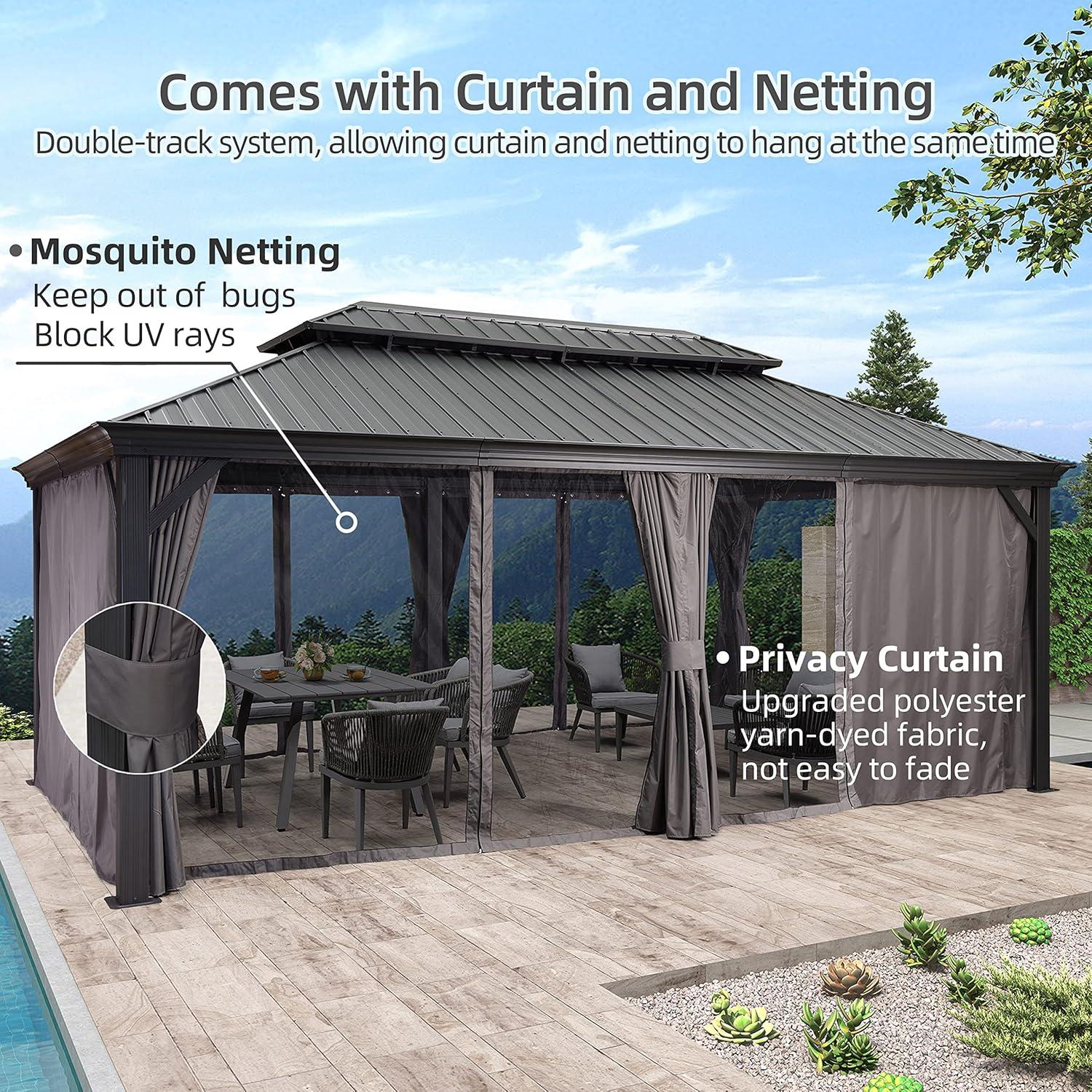 Grey 12' x 20' Aluminum and Steel Hardtop Gazebo with Curtains