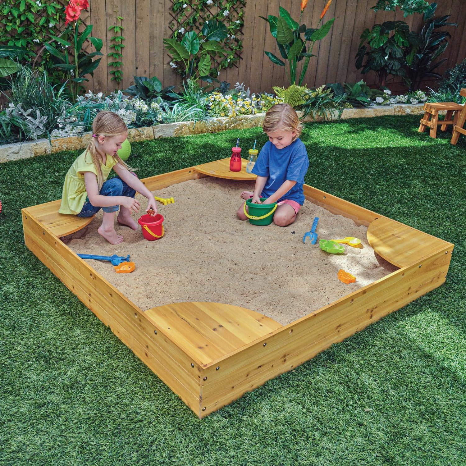 KidKraft Wooden Backyard Sandbox with Built-in Corner Seating and Mesh Cover, Honey