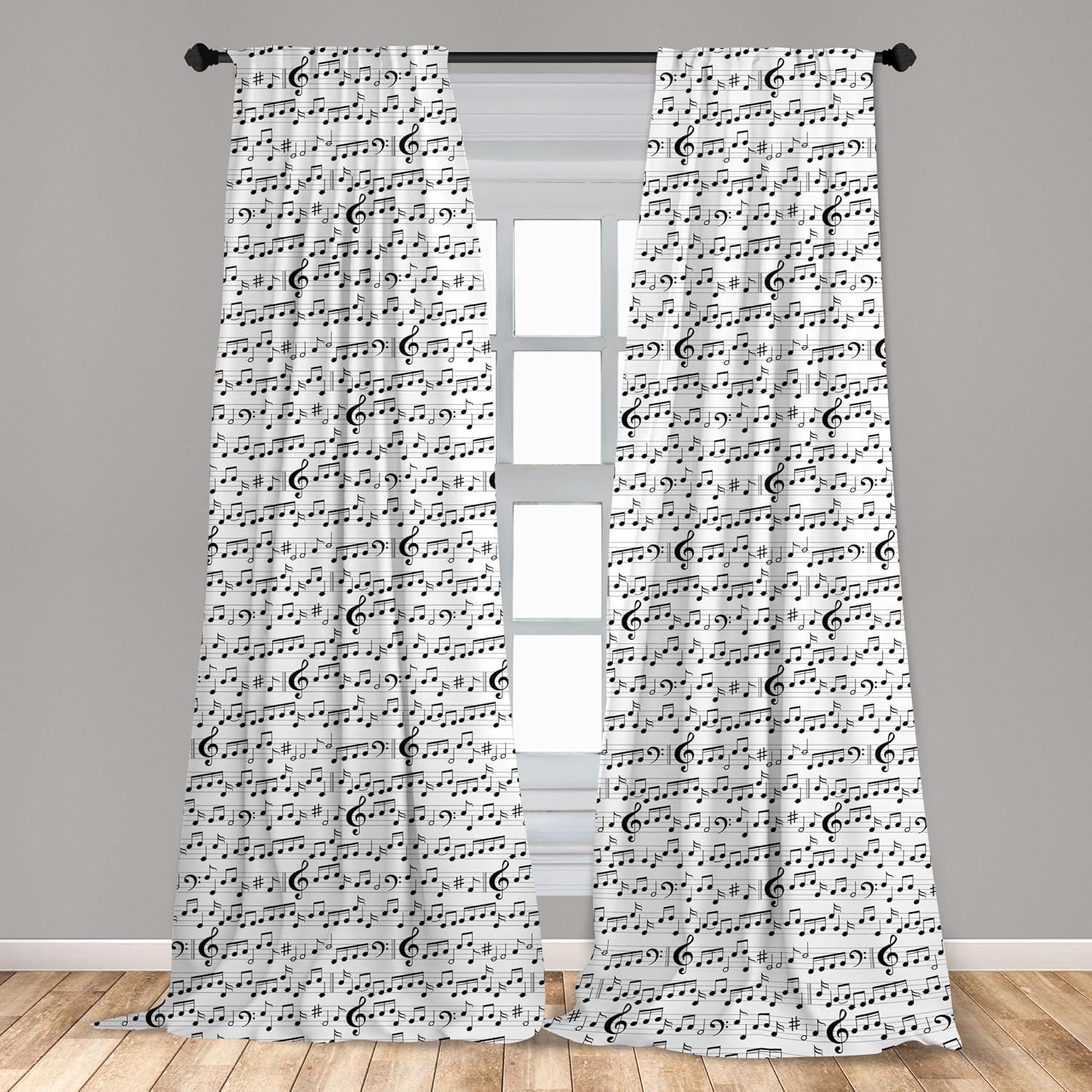 Ambesonne Music Curtains, Abstract Clef Sheet, Pair of 28"x63", Black White