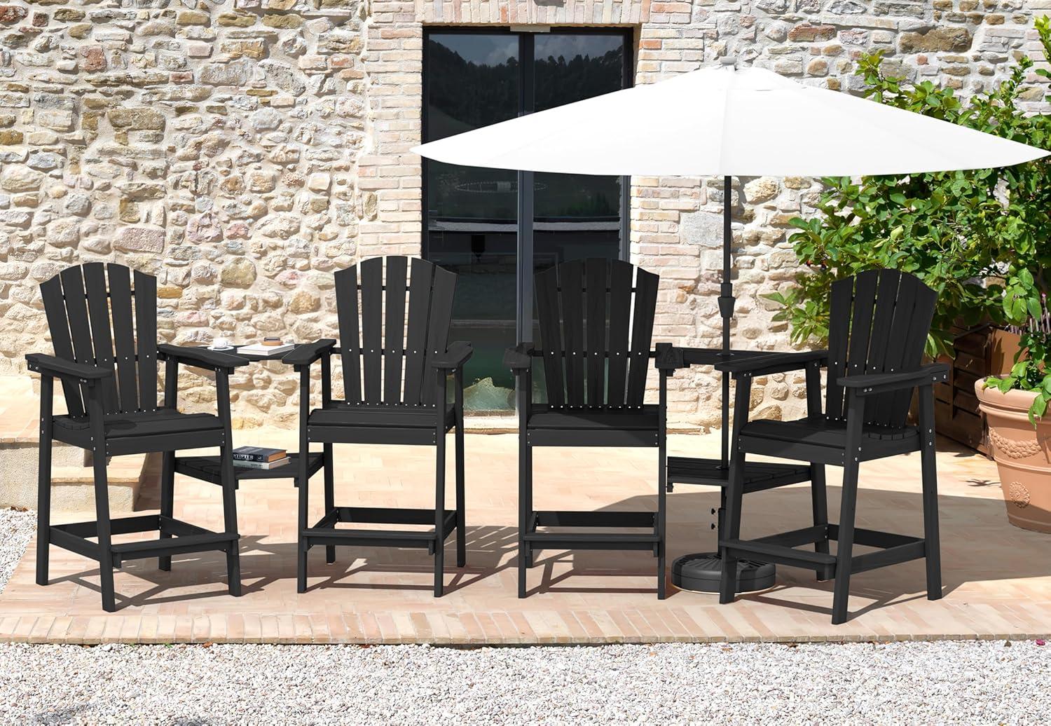 JUSTLET Tall Plastic Adirondack Chair Set of 2 W/ Outdoor Barstools and Connecting Tray, Brown