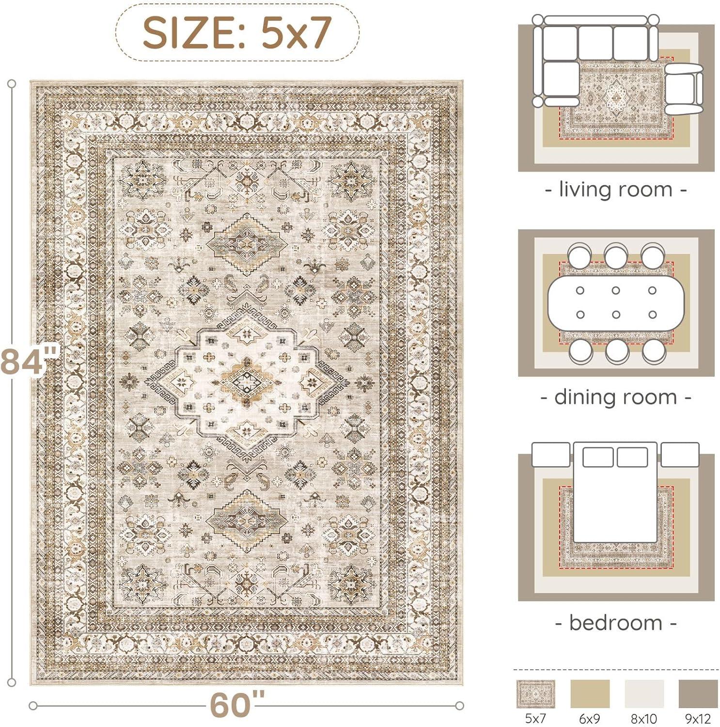 Vintage Living Room Area Rug 5x7 - Large Soft Washable Oriental Traditional Distressed Farmhouse Rugs for Bedroom - Indoor Floor Accent Carpet for Home Office House Decor - Beige