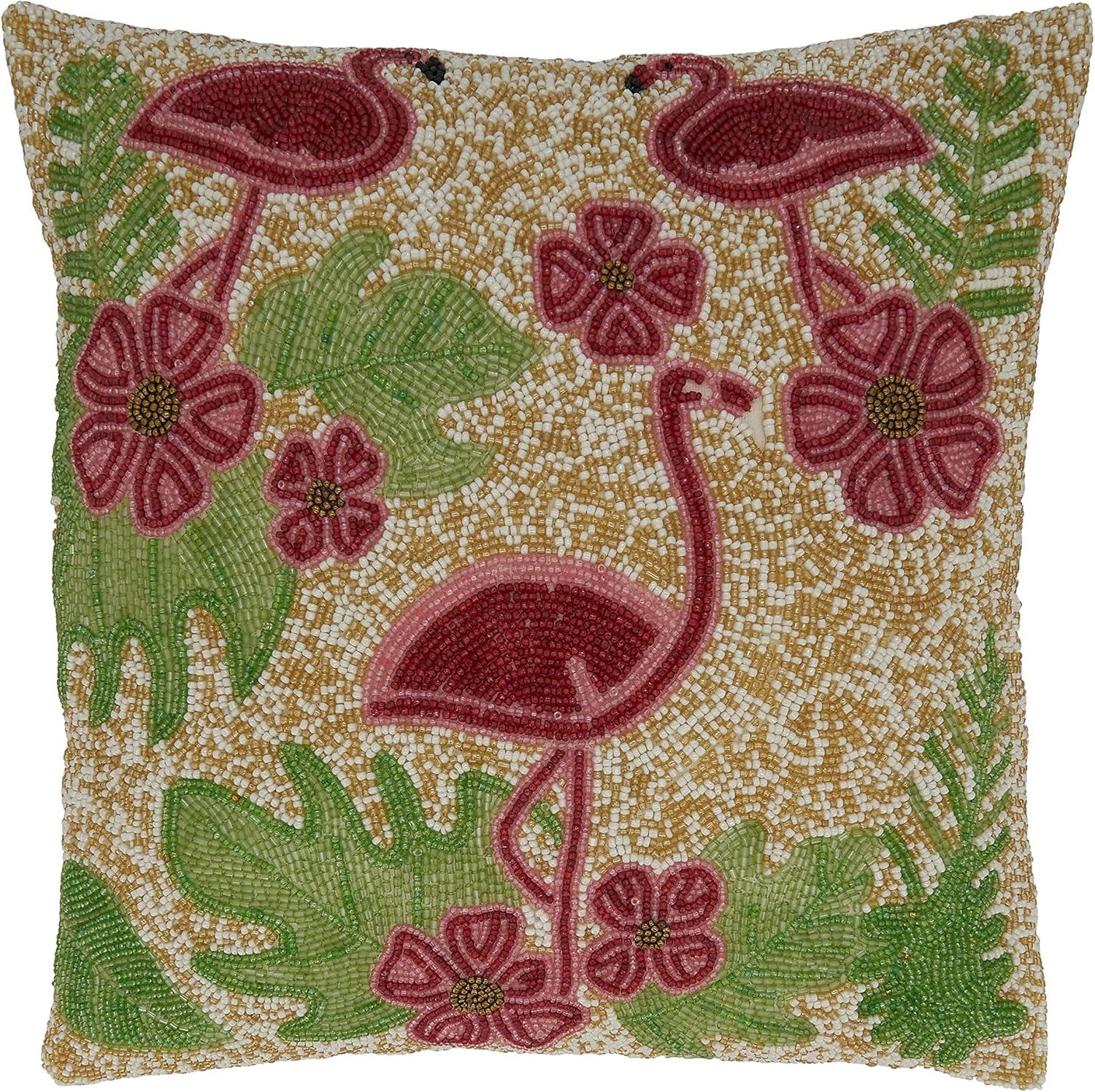 Beaded Flamingo Embroidered Cotton Square Pillow