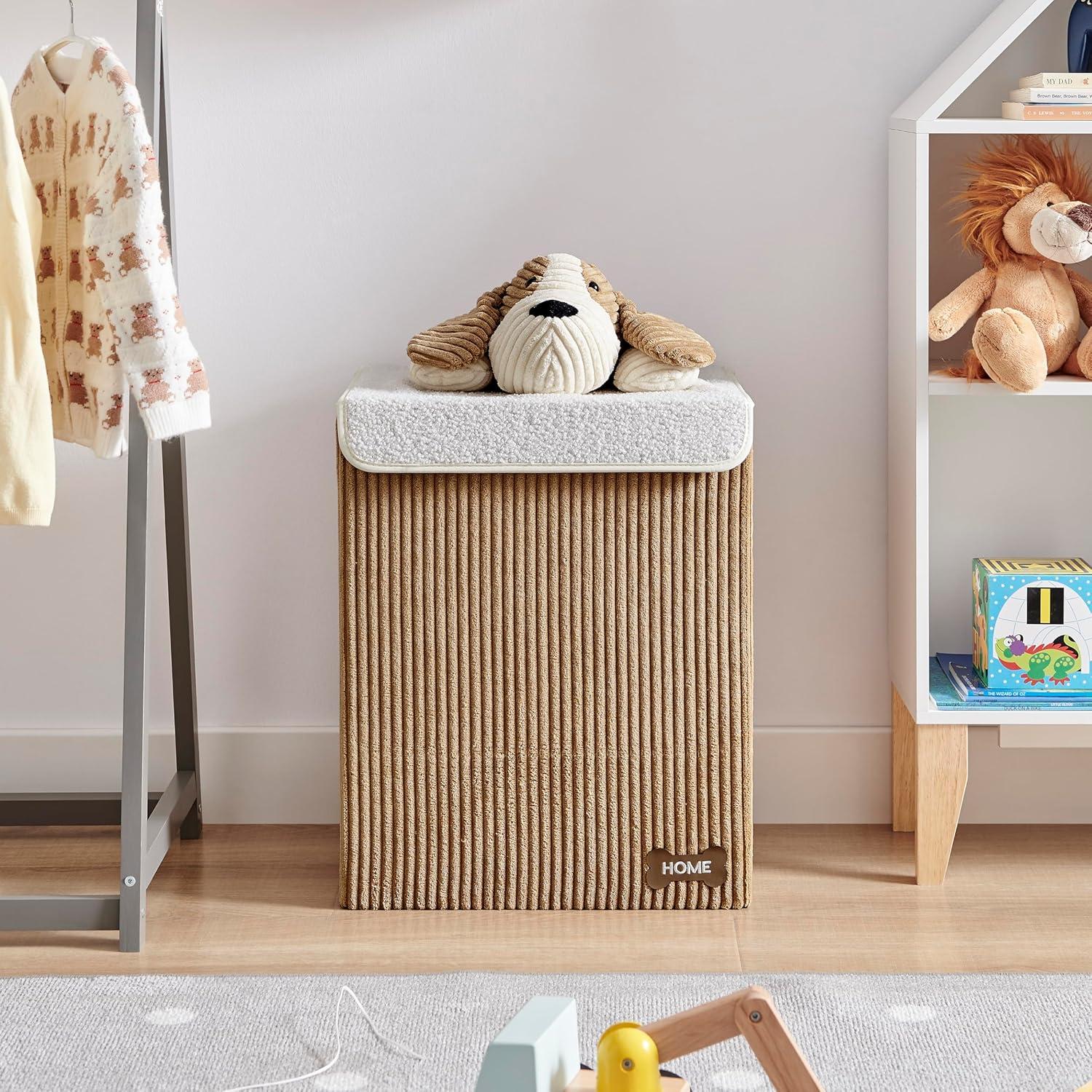 Danya B. Collapsible Folding Corduroy Kids' Laundry Hamper Toy Storage Brown with Dog Lid