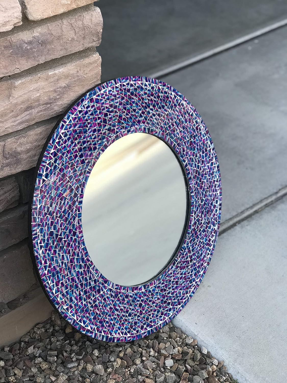 DecorShore 24 inch Round Wall Mirror Decorative Mosaic Bathroom Mirror | Art Wall Mirror | Wall Mounted Mirror Accent Decor in Blue Purple