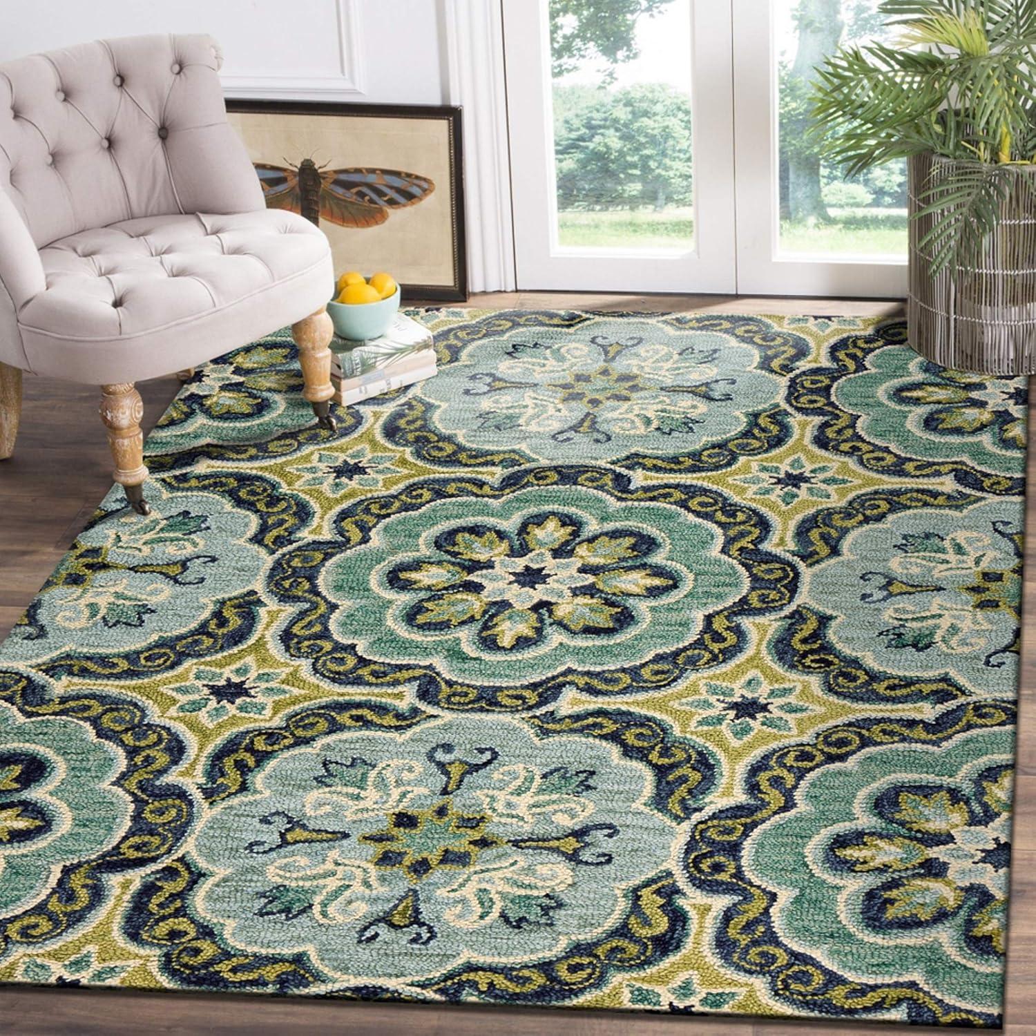 Hand-Tufted Floral Bliss Wool Area Rug, 5' x 7', Blue and Cream