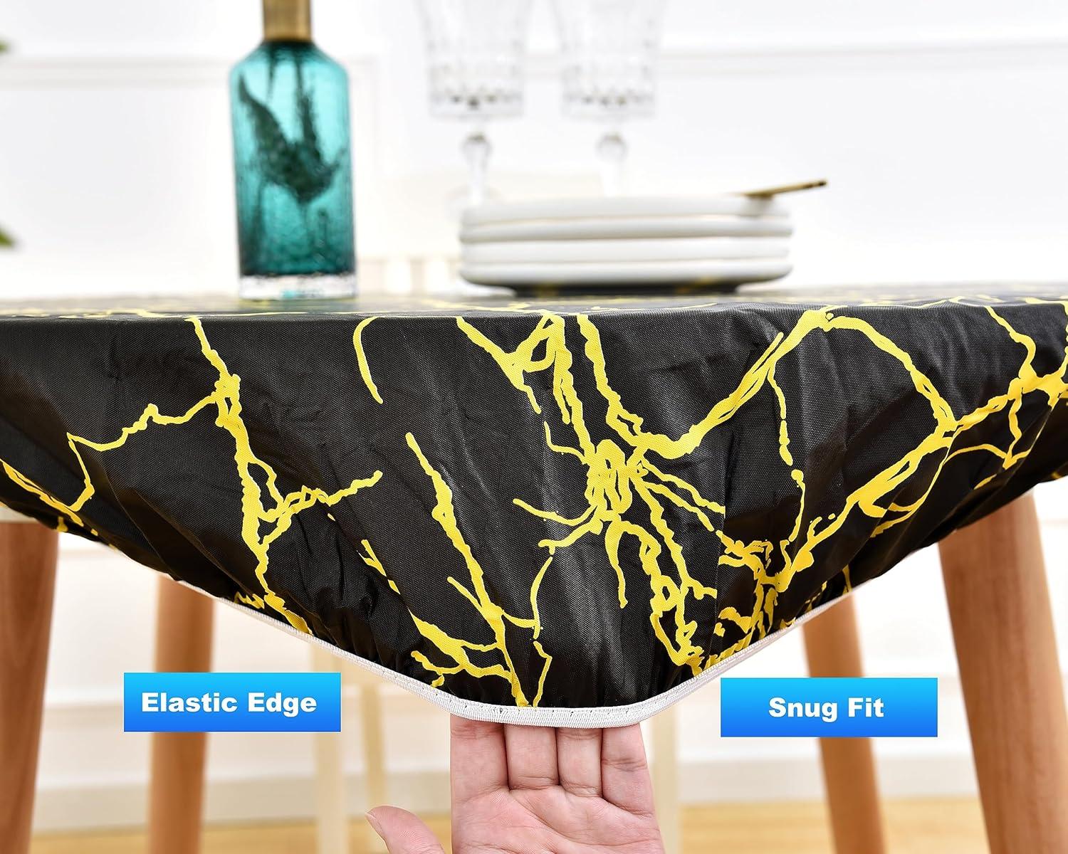 Rally Home Goods Indoor Outdoor Patio Round Fitted Vinyl Tablecloth, Flannel Backing, Elastic Edge, Waterproof Wipeable Plastic Cover, Beige Marble Pattern for 5-Seat Table of 36-42’’ Diameter