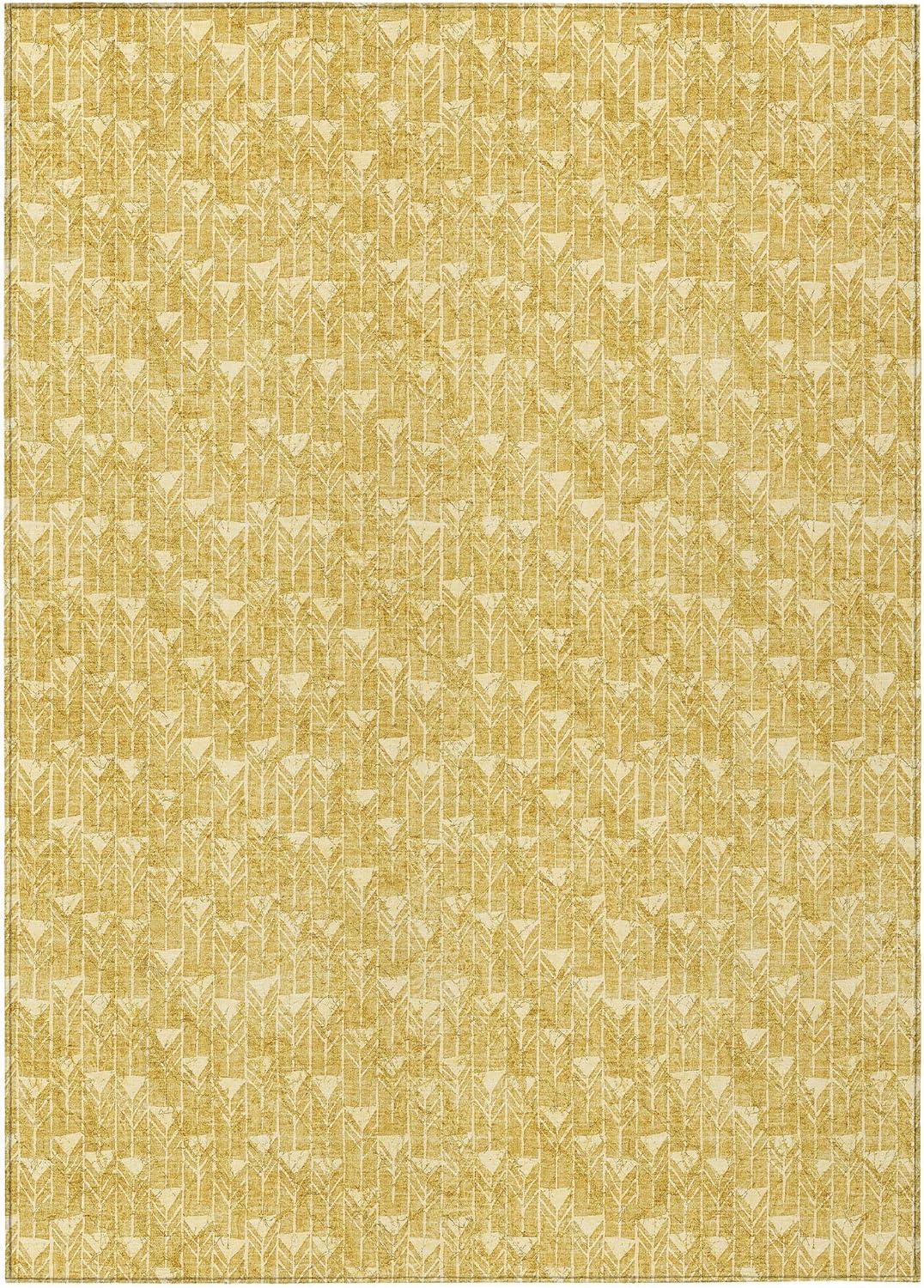 Gold Geometric Pattern Machine Washable Indoor Outdoor Rug