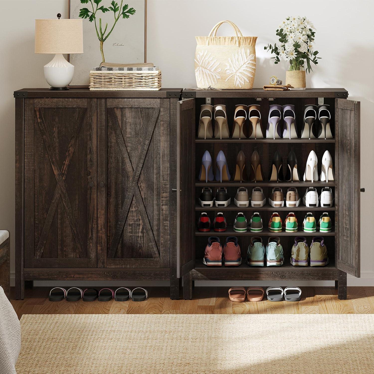 Dark Rustic Oak 5-Tier Wooden Shoe Cabinet with Adjustable Shelves