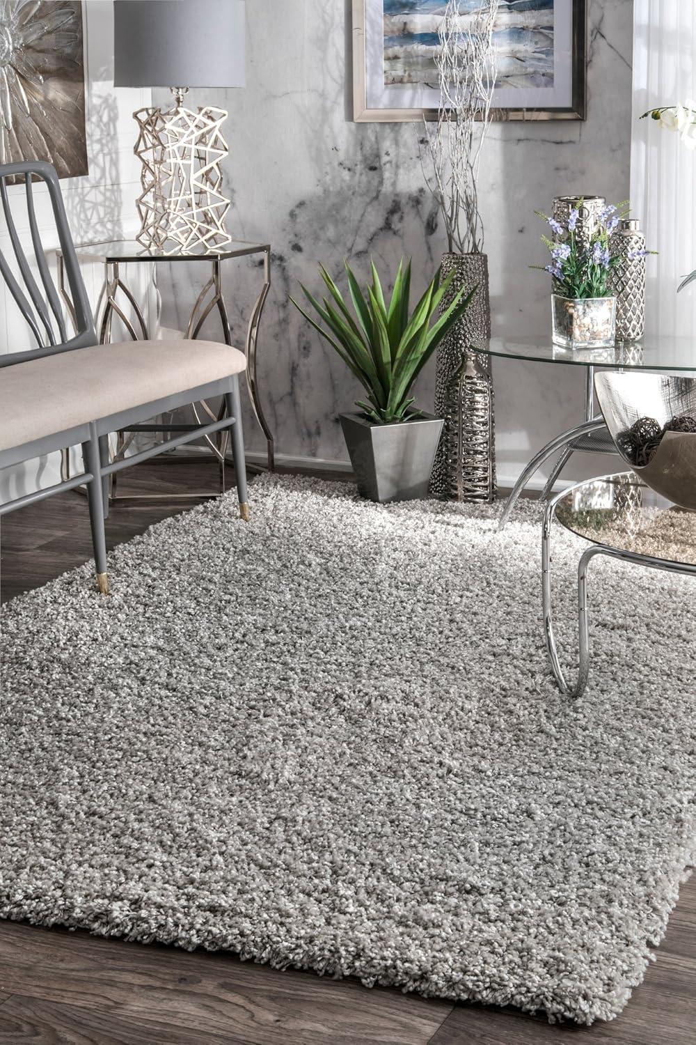 Luxurious Silver Shag Rectangular Area Rug - Synthetic, Easy Care