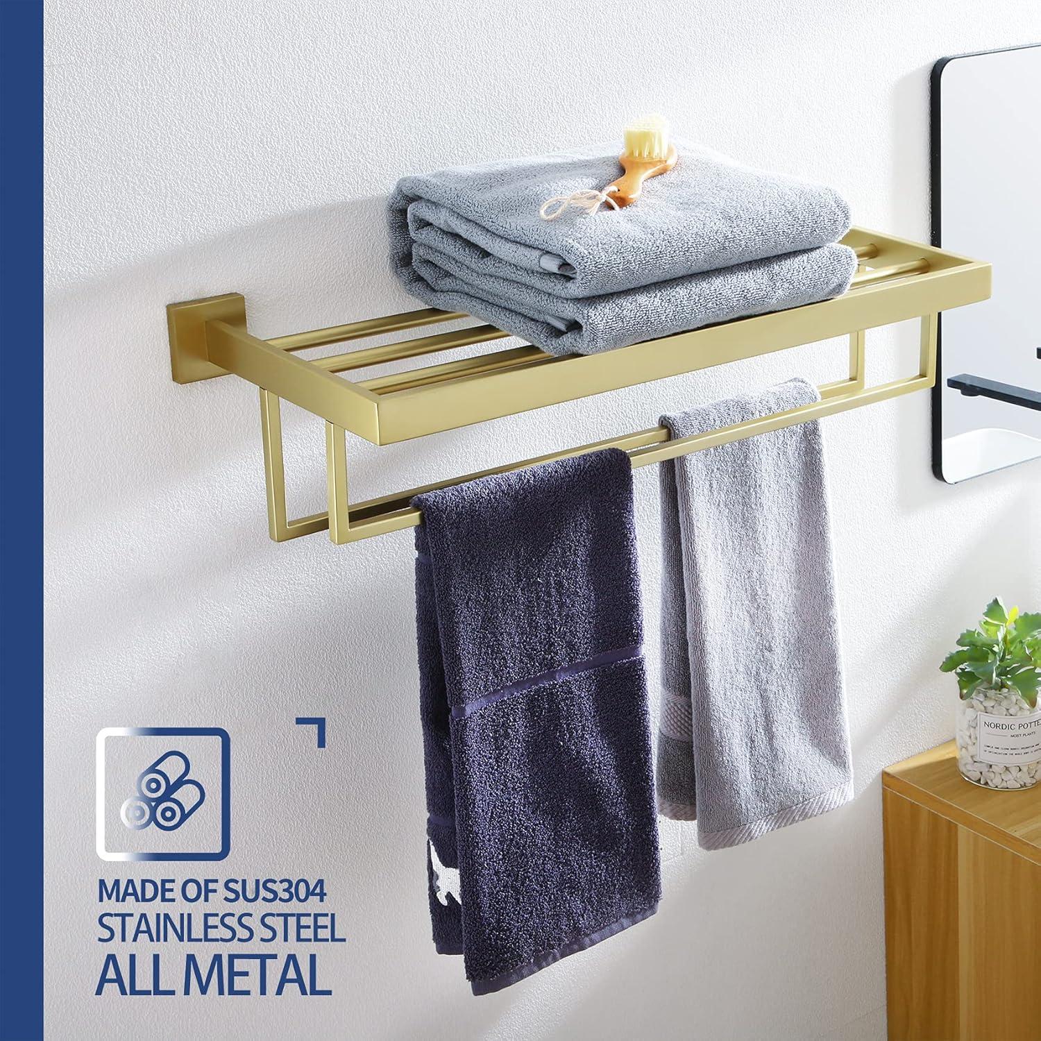 Brushed Gold Wall Mounted Double Towel Rack with Shelf