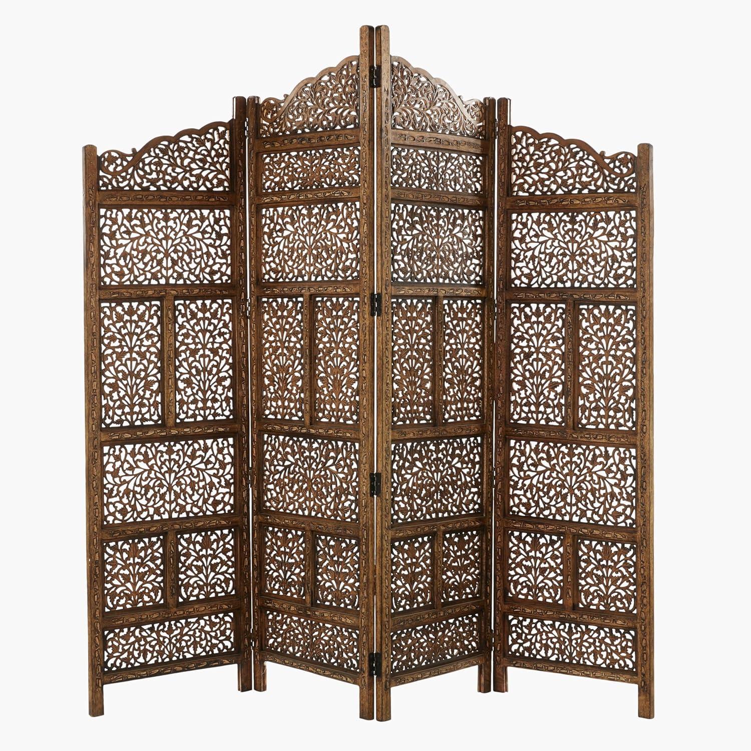 DecMode 80" x 72" Brown Wood Floral Handmade Foldable Arched Partition 4 Panel Room Divider Screen with Intricately Carved Designs, 1-Piece