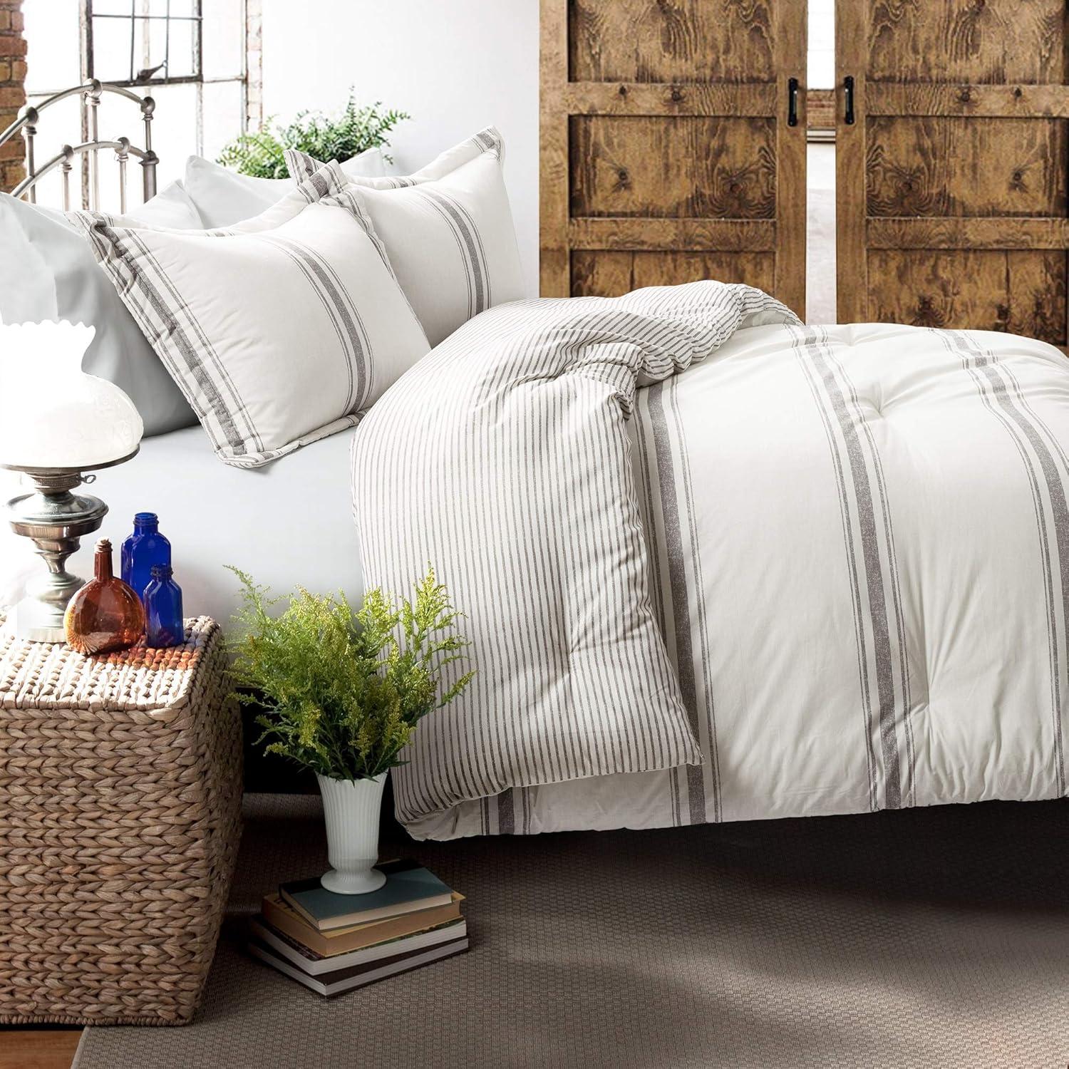 Farmhouse Stripe Reversible Cotton Comforter & Sham Set - Lush Décor