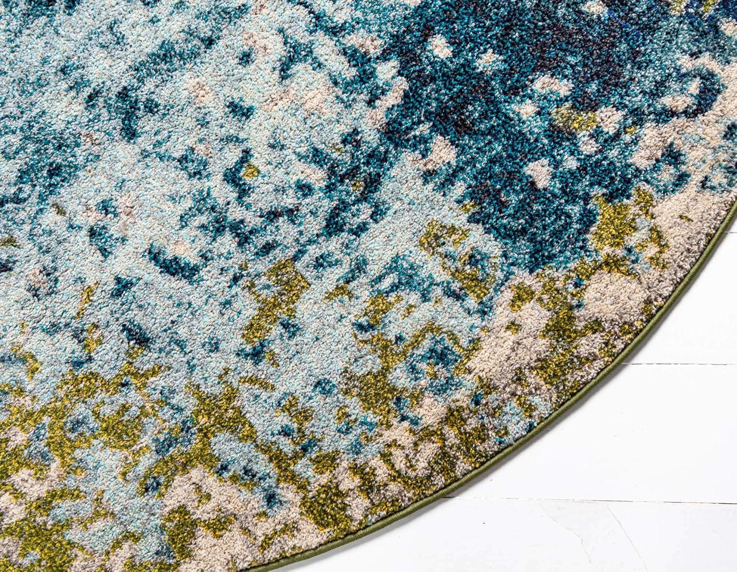 8' Round Blue Abstract Stain-Resistant Synthetic Rug