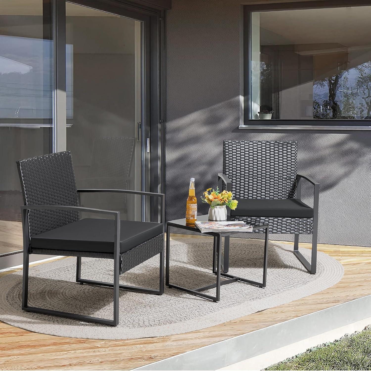 Black Wicker and Steel Outdoor Patio Set with Glass Table