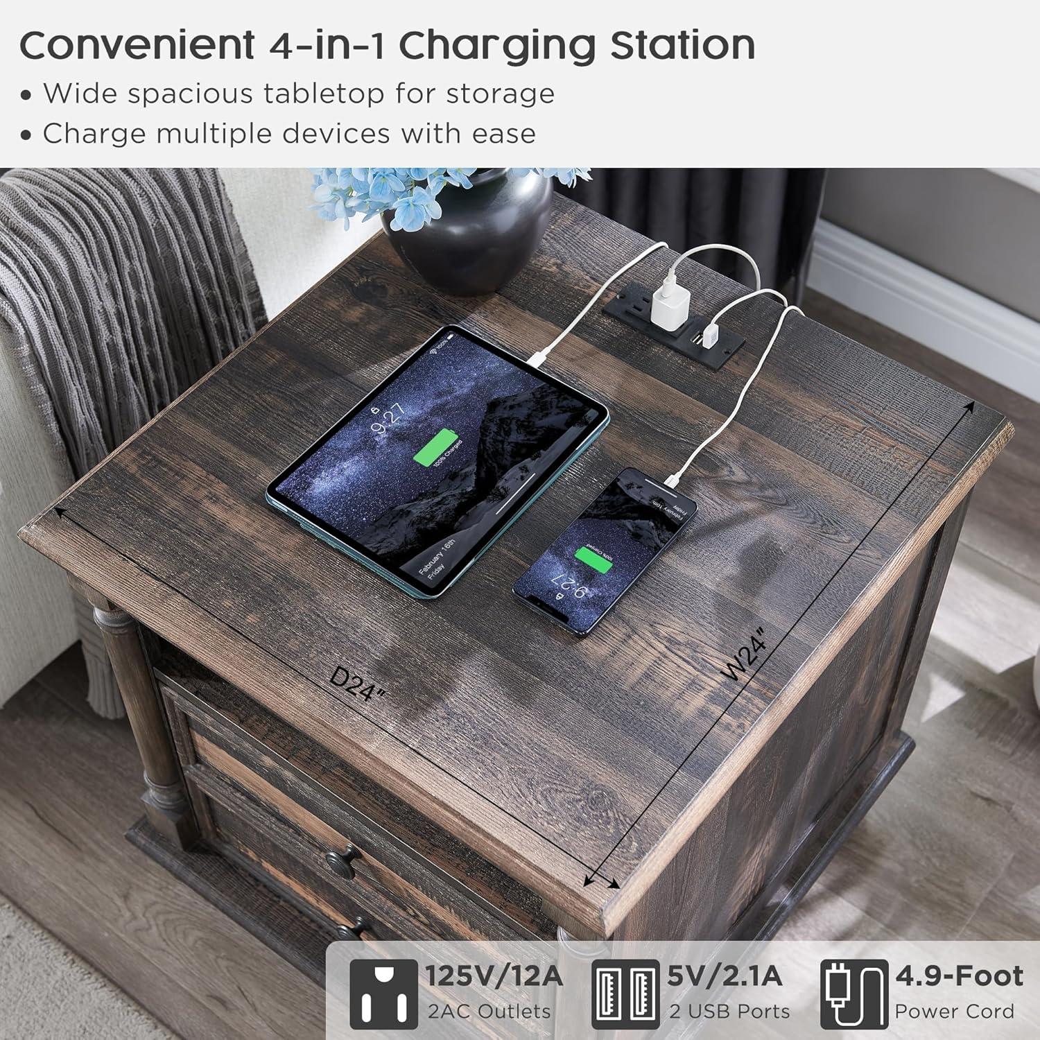 OKD Rushville Farmhouse 2 - Drawers Nightstand with Charging Station, Tall Rustic Wood Square End Table with Open Shelf