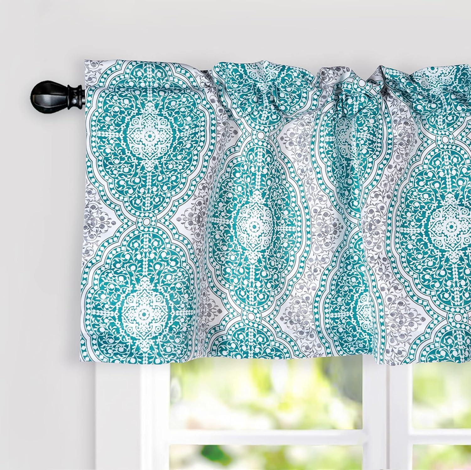 Adrianne Teal Blue Damask Floral Rod Pocket Valance