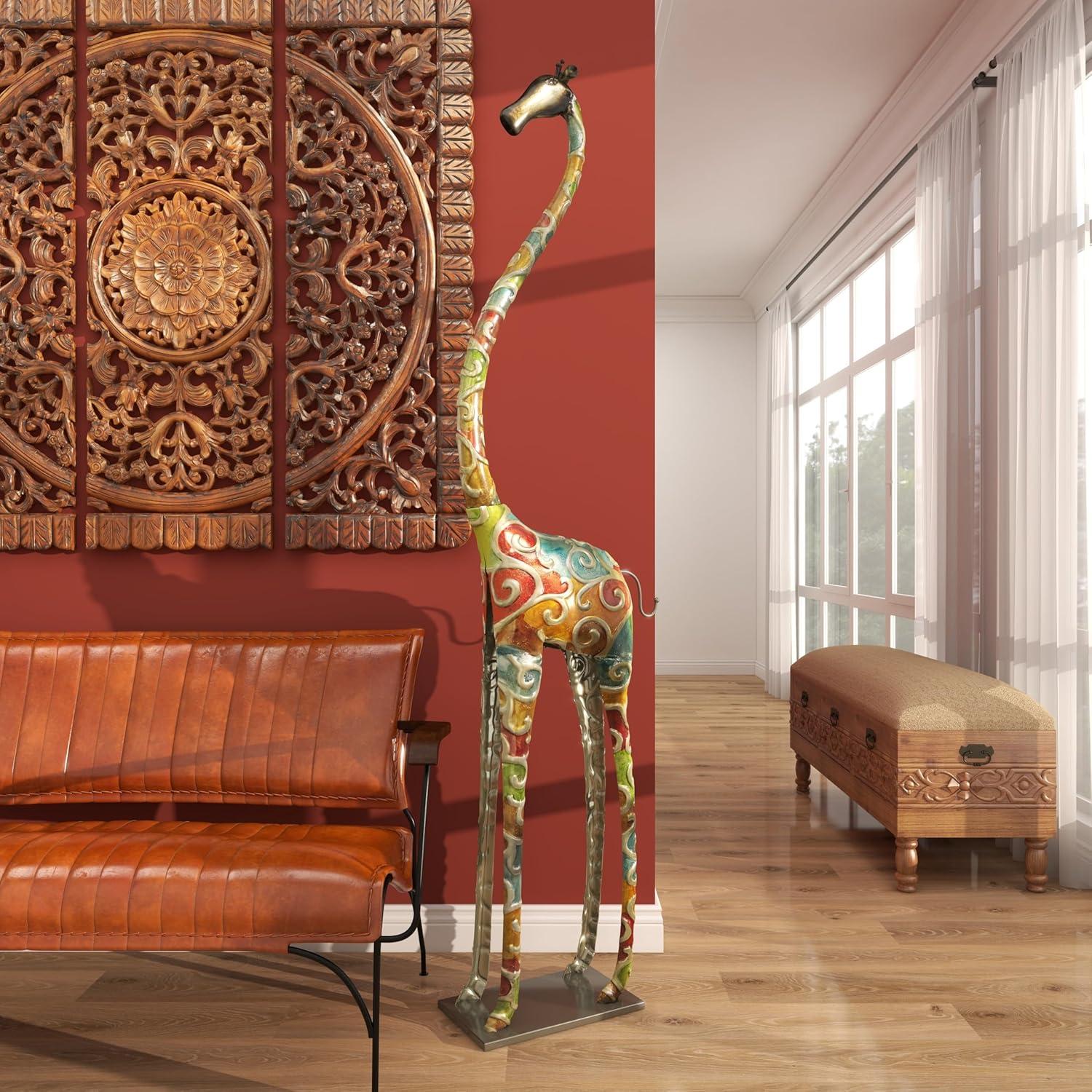 DecMode Extra Large and Colorful Floor Giraffe Sculpture, Molded from Iron with Grey Metal Finish, 17"W x 3"L x 73"H