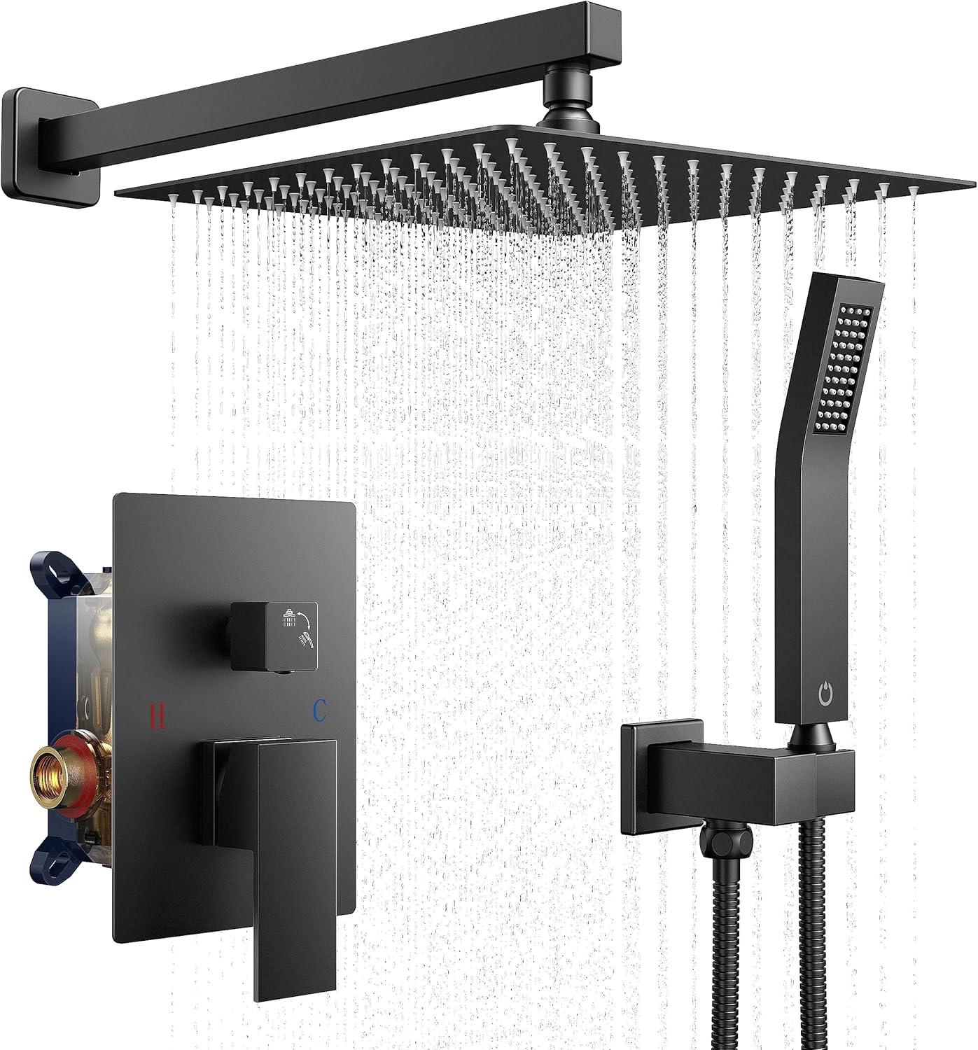 Shower Faucet Set 12" Matte Black Shower Head And Handle Set Rainfall Shower System with Square Rain Shower Head and High Pressure Handheld Spray