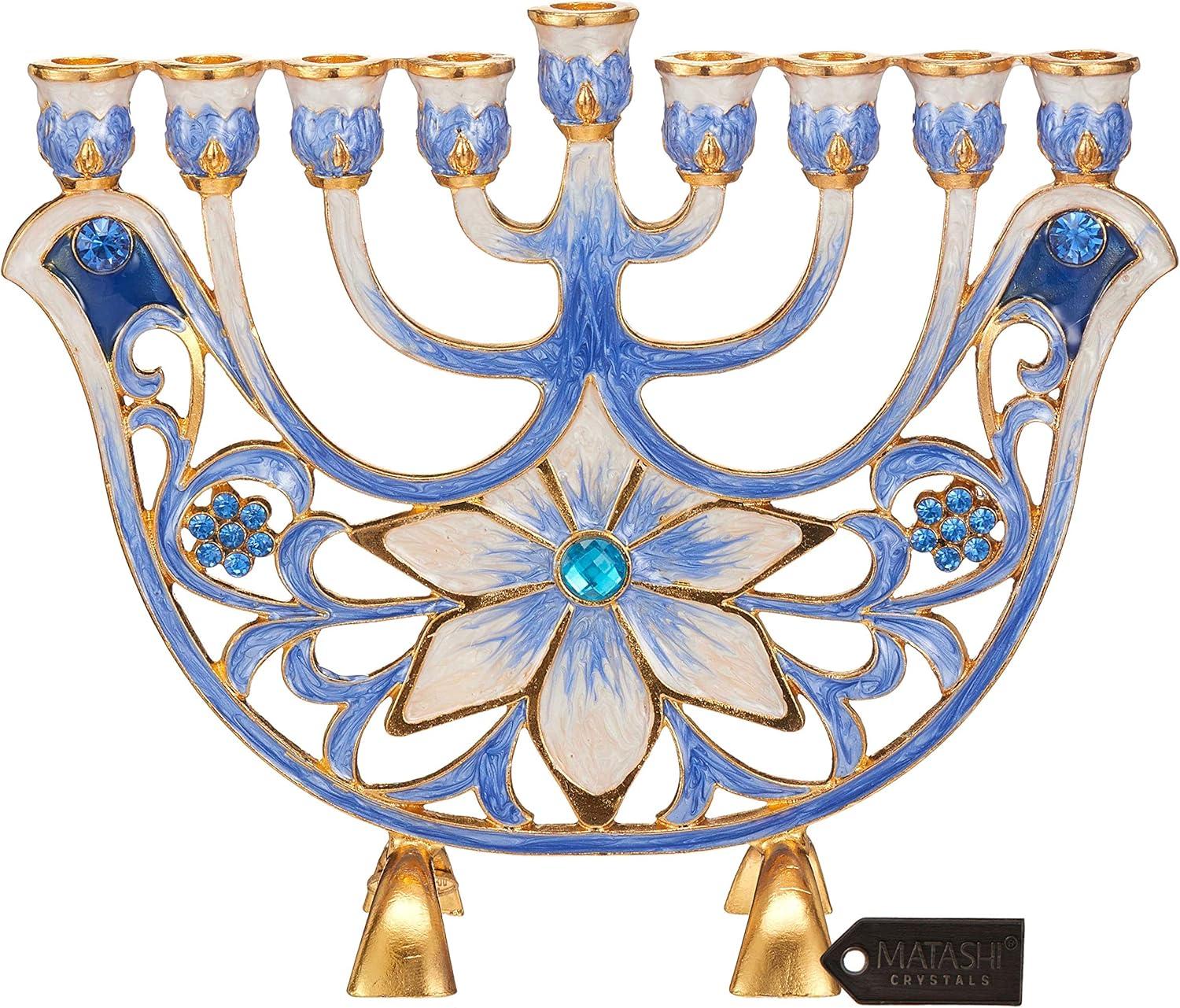 Matashi HandPainted Enamel Menorah Candelabra-Hanukkah Design  Crystal