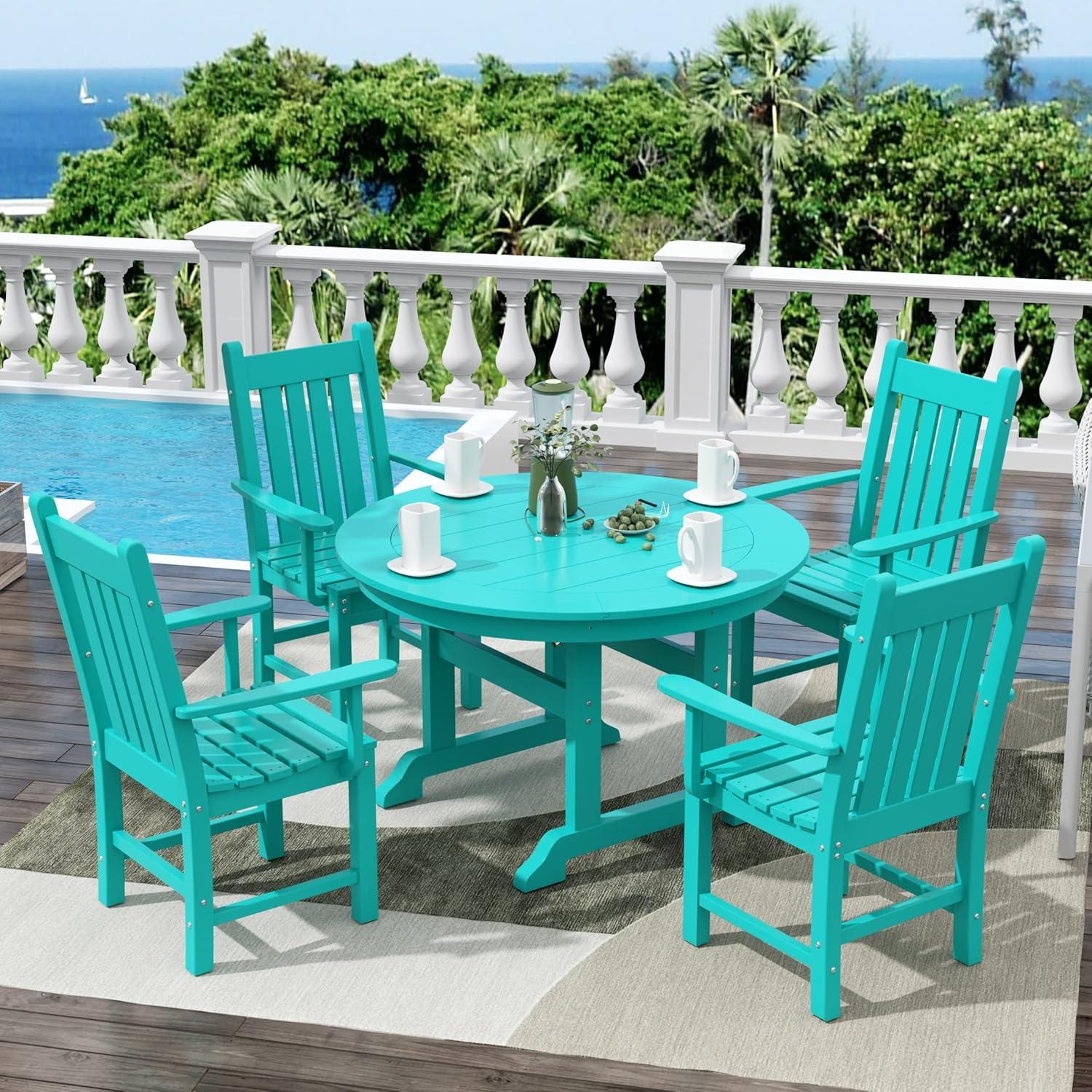 WestinTrends Malibu Patio Dining Table, All Weather Poly Lumber Adirondack 47" Trestle Round Outdoor Table with Umbrella Hole, Turquoise