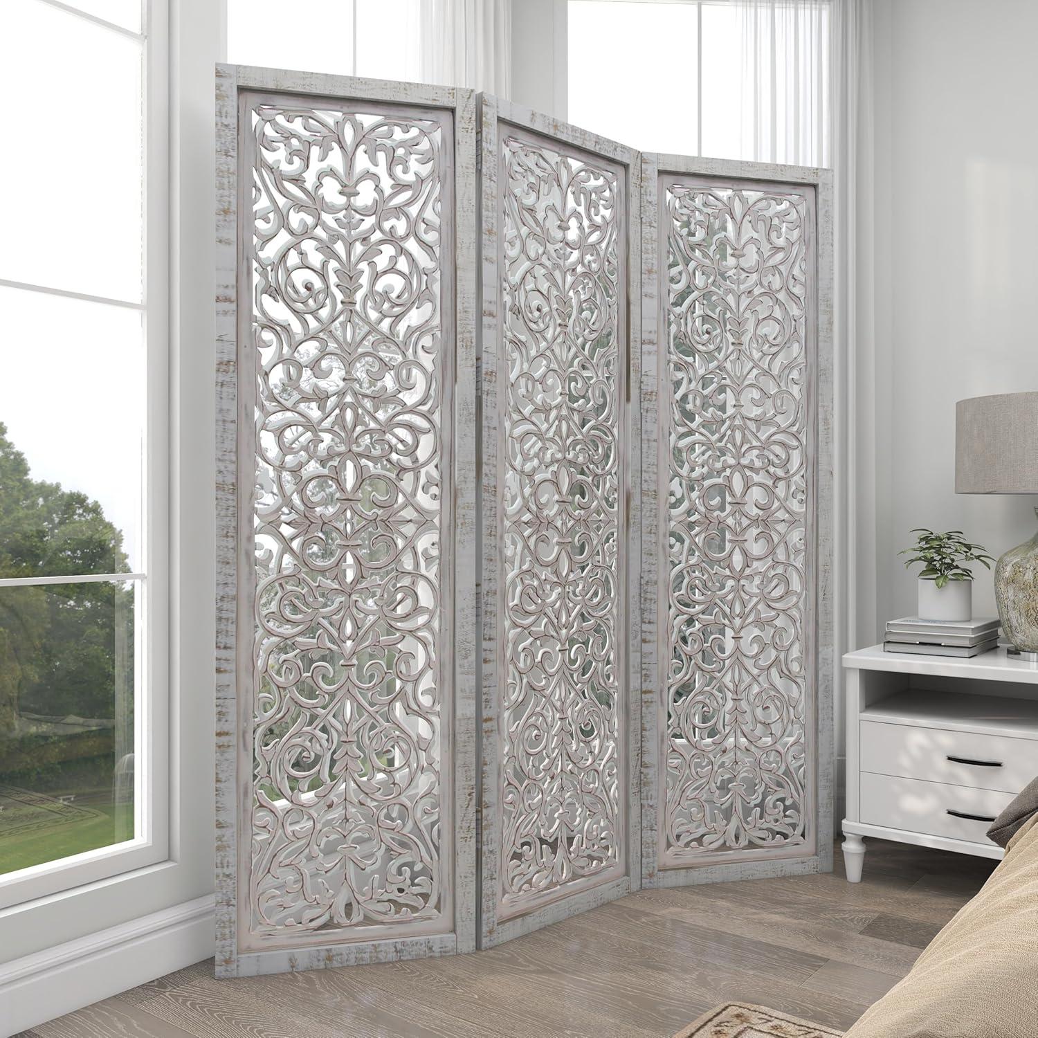 DecMode 60" x 69" White Wood Floral Handmade Hinged Foldable Partition 3 Panel Room Divider Screen with Intricate Carved Design, 1-Piece